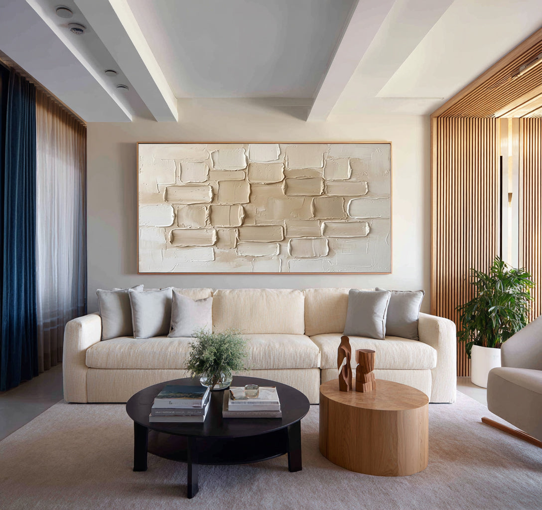 Large Neutral Brick Wall Art Horizontal Textured Abstract Canvas