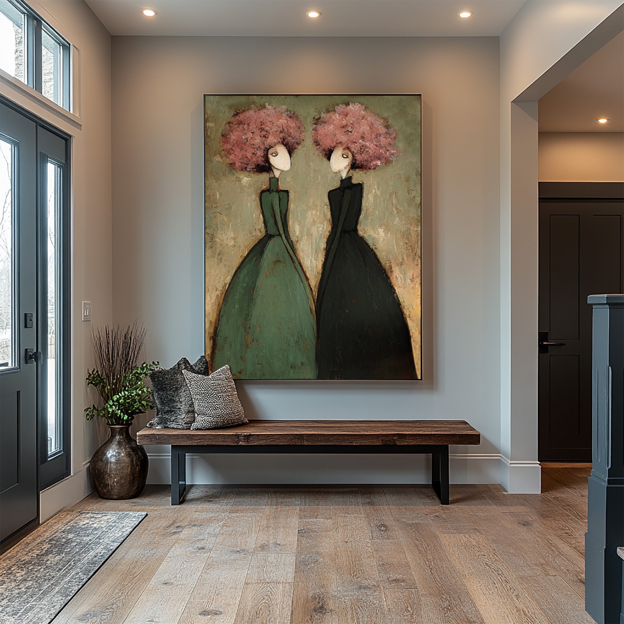 Large Contemporary Portrait Oil Painting – Modern Green and Pink Canvas Wall Art #WAB 035