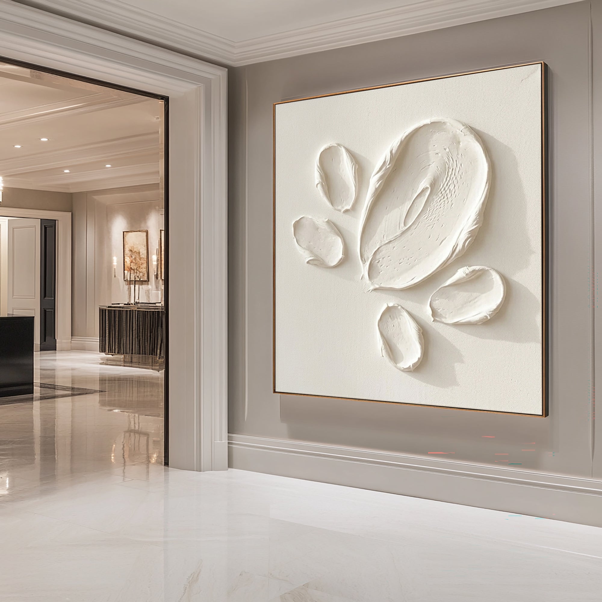 Large Minimalist White Oil Painting with Abstract Textured Petal Wall Art 