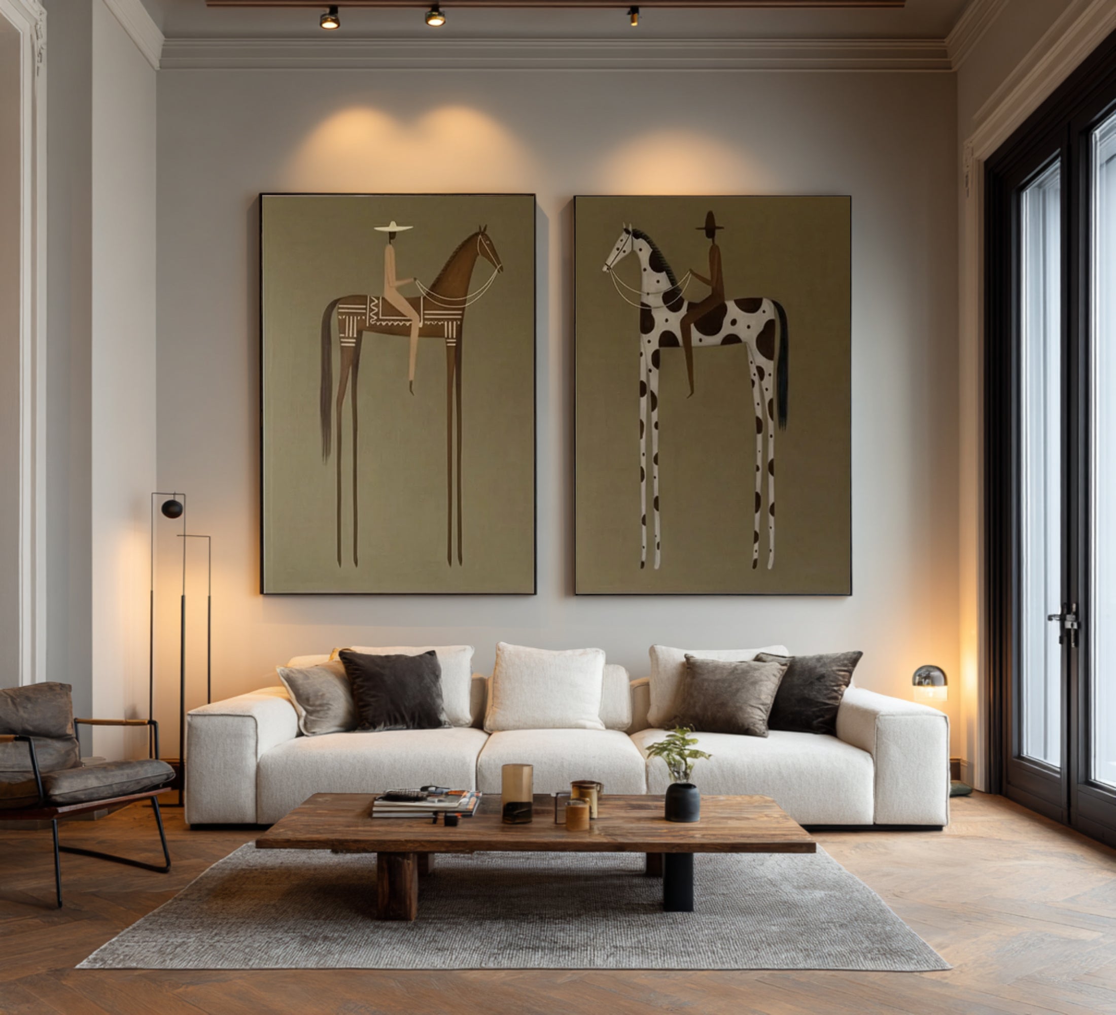 Large Contemporary Horse Rider Diptych Wall Art Minimalist Equestrian Canvas Set