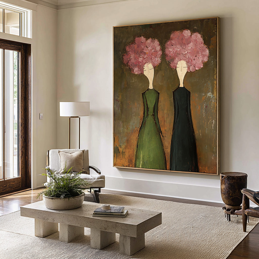 Large Modern Floral Portrait Oil Painting on Canvas – Elegant Green Dress Wall Art #WAB 042