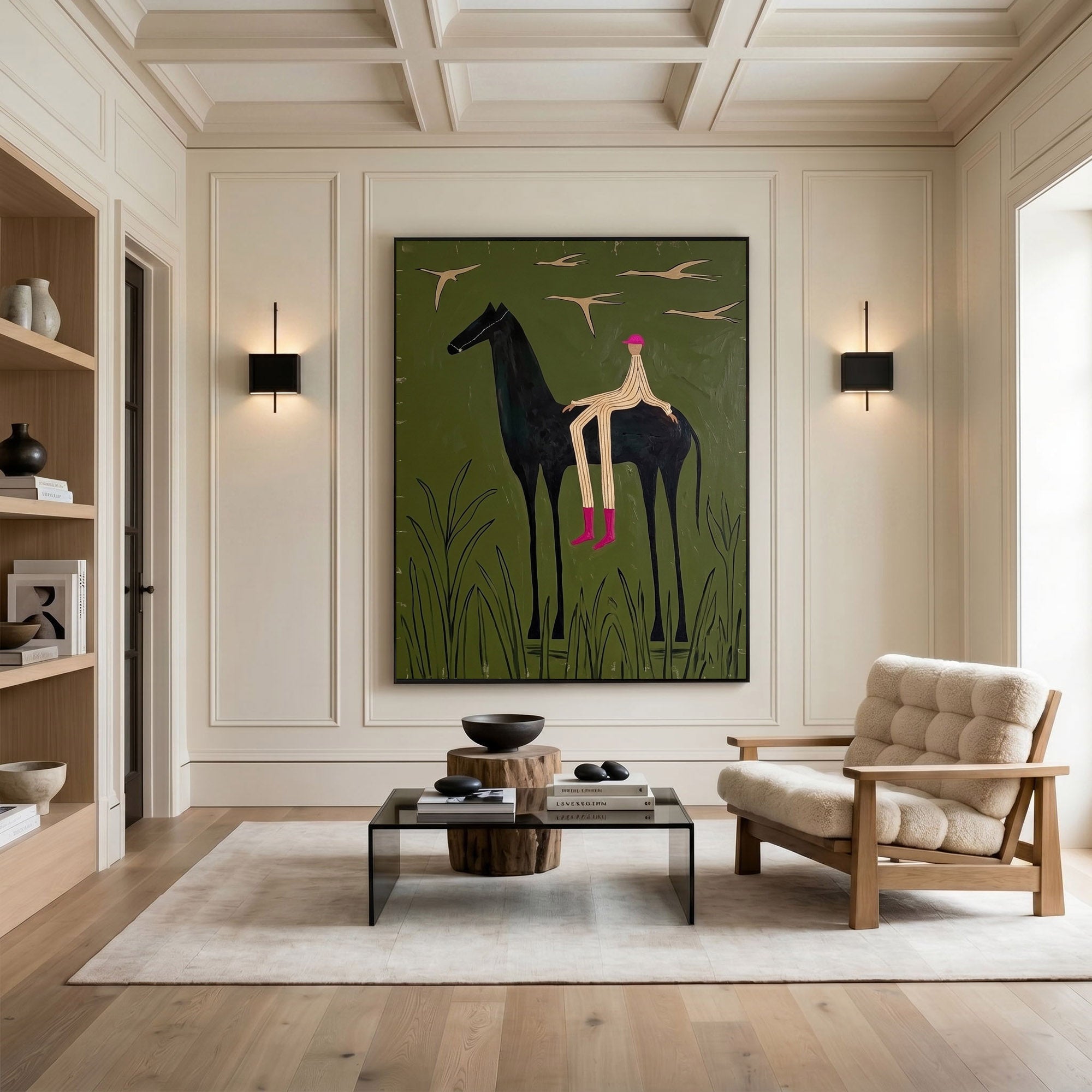 Large Cowboy Horse Wall Art Contemporary Western Green Painting