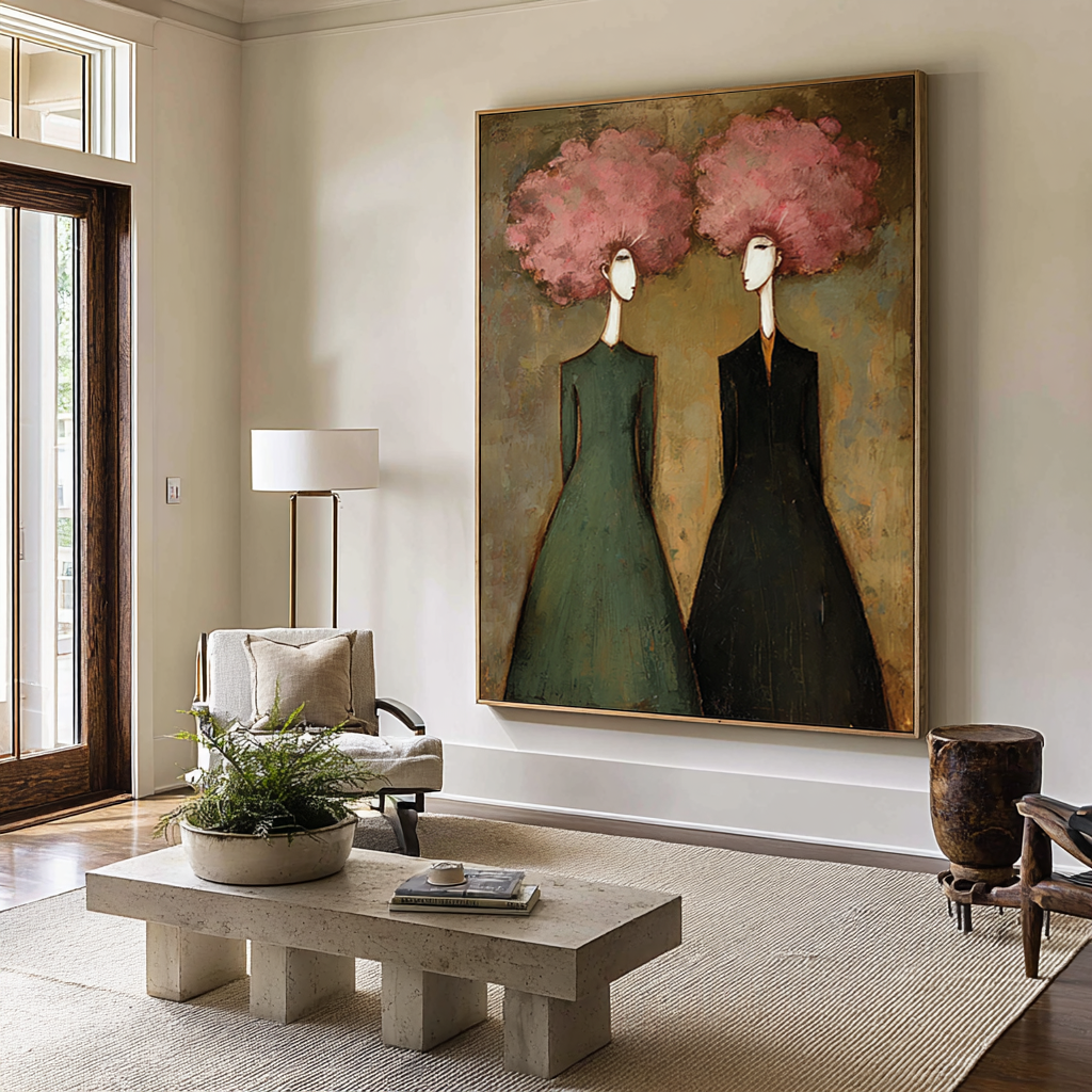 Large Abstract Pink Portrait Oil Painting – Modern Green and Black Wall Decor #WAB 044