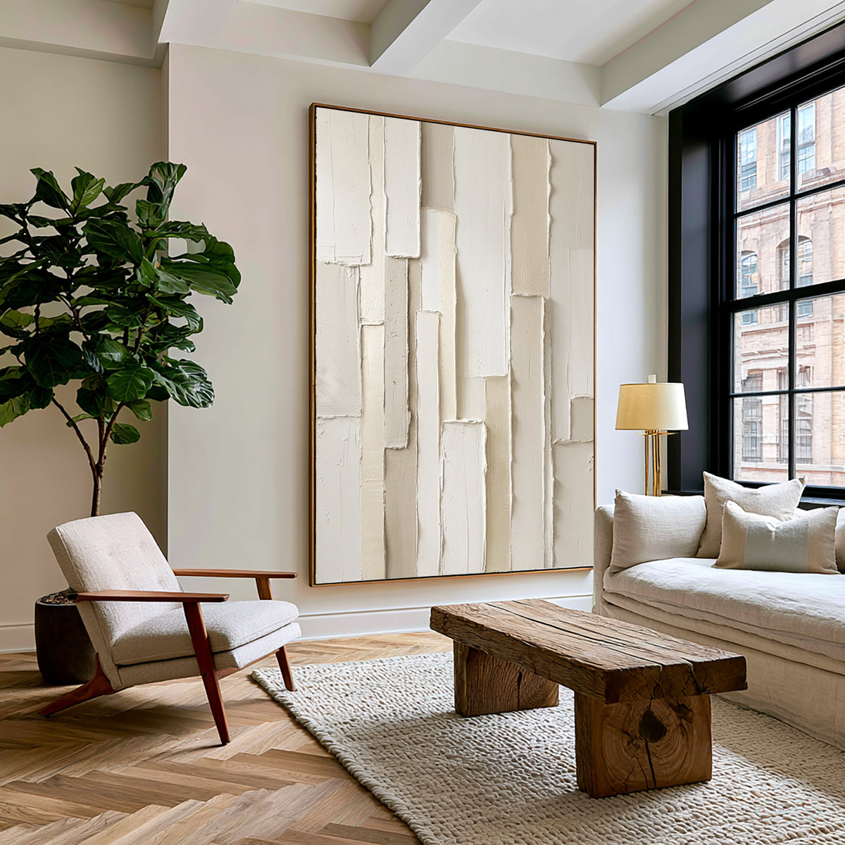 Large Modern Vertical Geometric Textured Wall Art White Beige Abstract Oil Painting 3D Raised Rectangular Relief Contemporary Home Decor