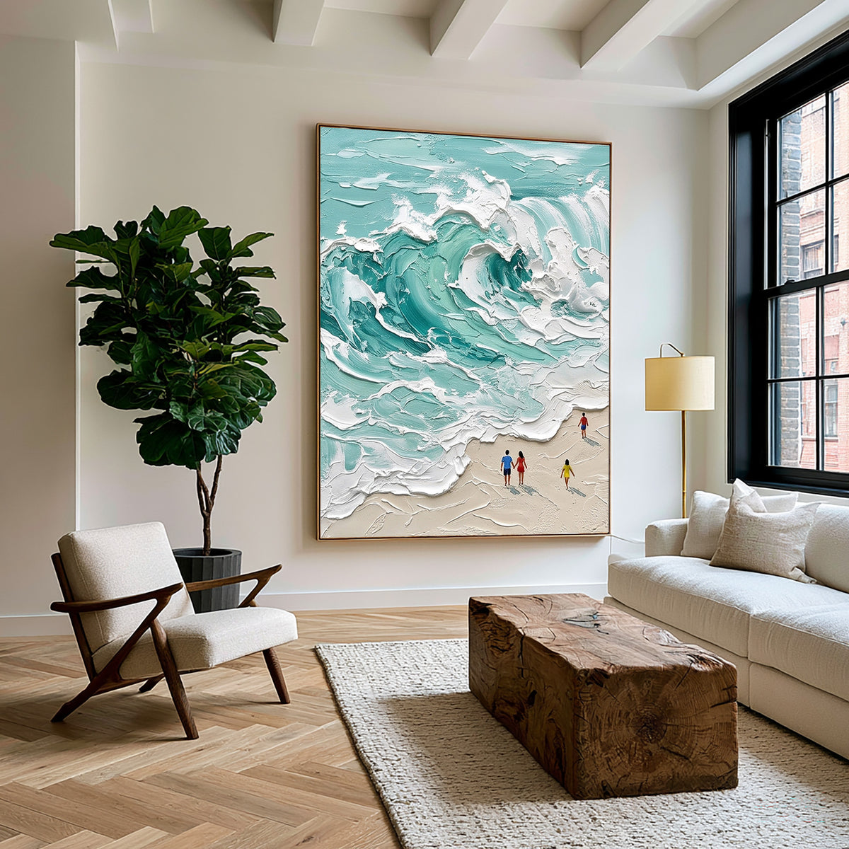 Large Minimal Turquoise Ocean Wave Wall Art Textured Oil Painting Coastal Seascape Beach House Artwork Modern Home Decor