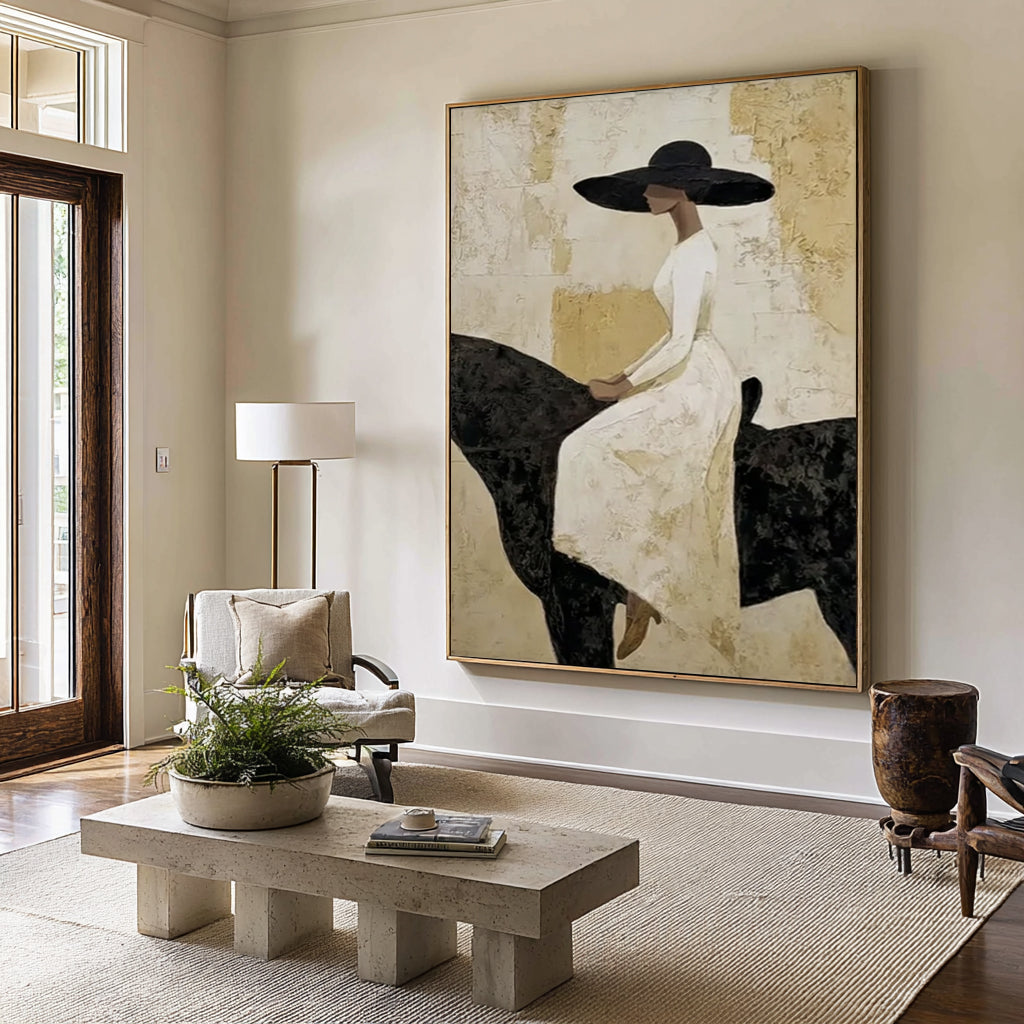 Luxury Woman on Black Horse Painting Elegant Neutral Wall Art