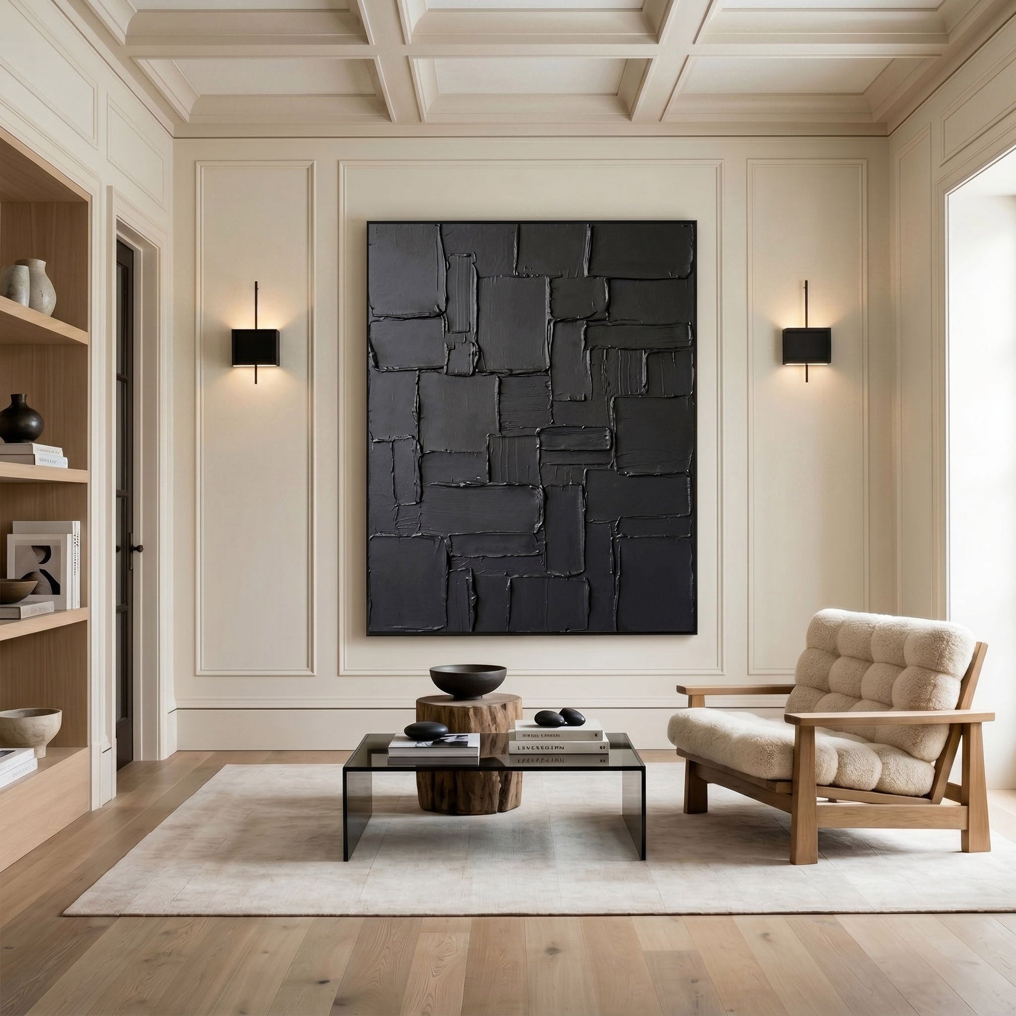 Large Black Textured Wall Art Abstract Oil Painting Modern Impasto Minimalist Contemporary Luxury Decor