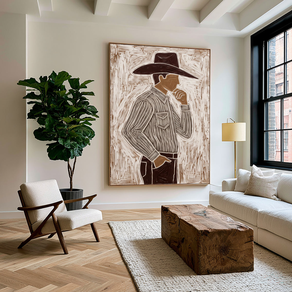 The Man Beneath the Brim Western Cowboy Painting Contemporary Figurative Hand Painted Wall Art