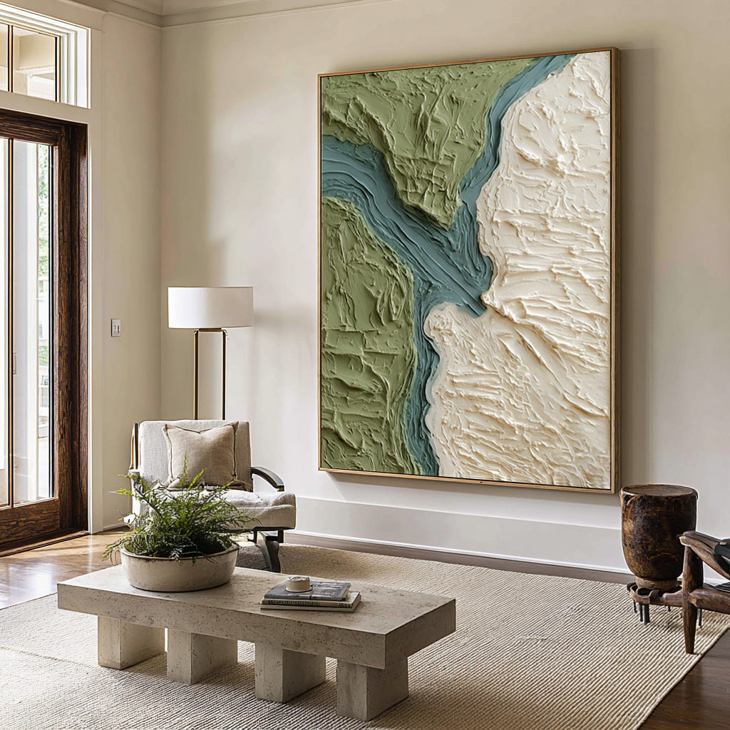 Large Abstract Oil Painting Green Terrain Art, Organic Textured Wall Art for Living Room | ArtvistaGallery #WAB 028