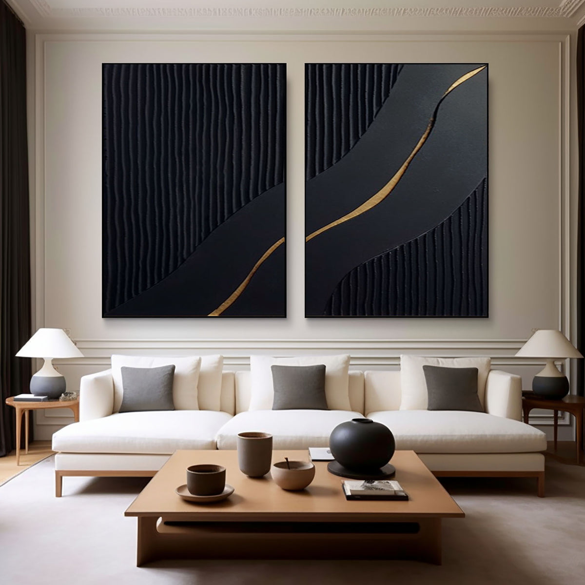 Luxury Black and Gold Abstract Painting on Canvas Set Of 2 #BMS 002