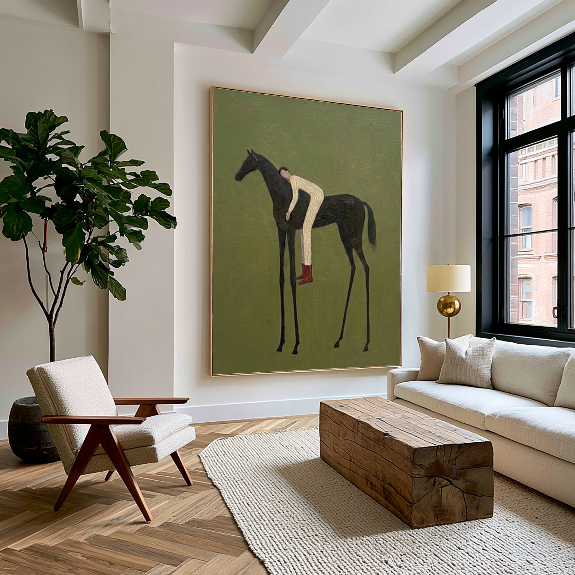 Large Olive Green Equestrian Wall Art Horse Rider Oil Painting Cowboy Cowgirl Inspired Western Americana Artwork Modern Home Decor