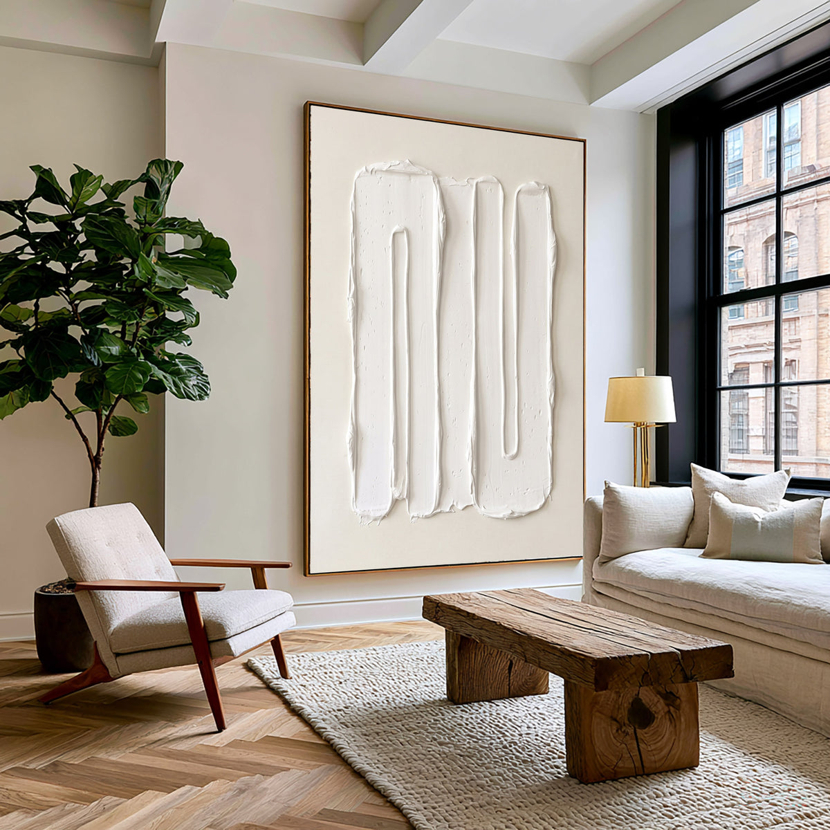 Large Minimalist Raised Vertical Lines Wall Art Ivory Cream Abstract Oil Painting Thick Impasto Texture Sculptural Relief Contemporary Modern Home Decor