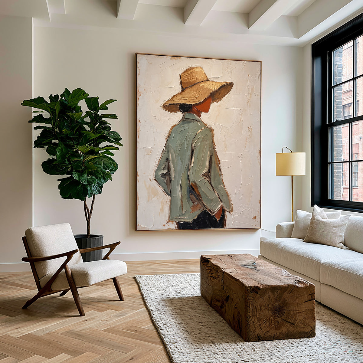 Textured Woman Portrait Sage Green Jacket Straw Hat Painting