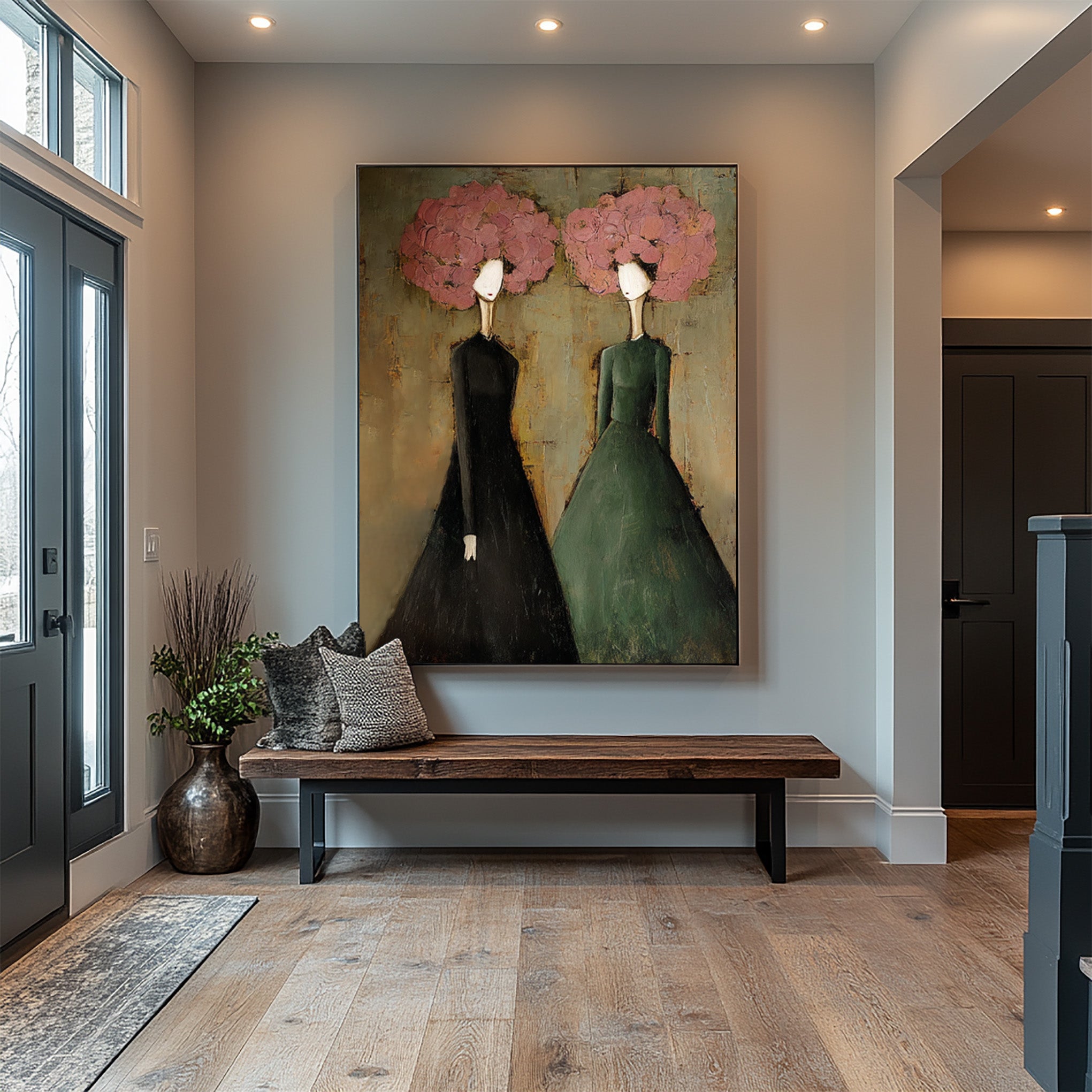 Large Modern Portrait Oil Painting on Canvas – Elegant Green Figurative Wall Art Decor #WAB 037