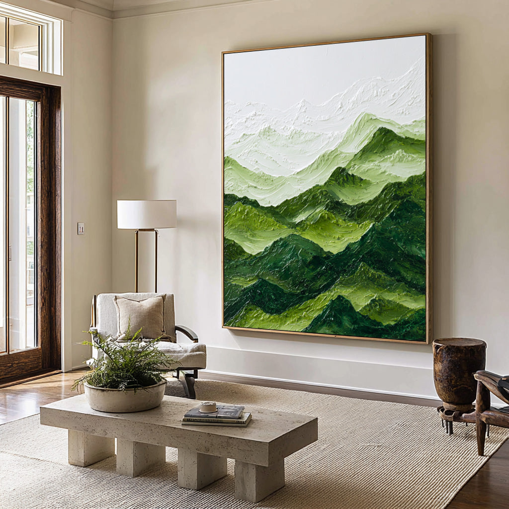 Large Abstract Oil Painting Green Mountain Landscape, Textured Modern Wall Art for Living Room | ArtvistaGallery #WAB 005