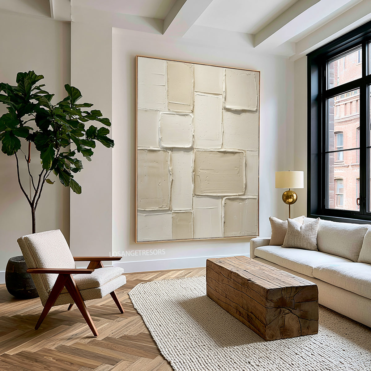 Large Architectural Minimalist Relief Wall Art Ivory Geometric Textured Abstract Painting Luxury Interior Artwork