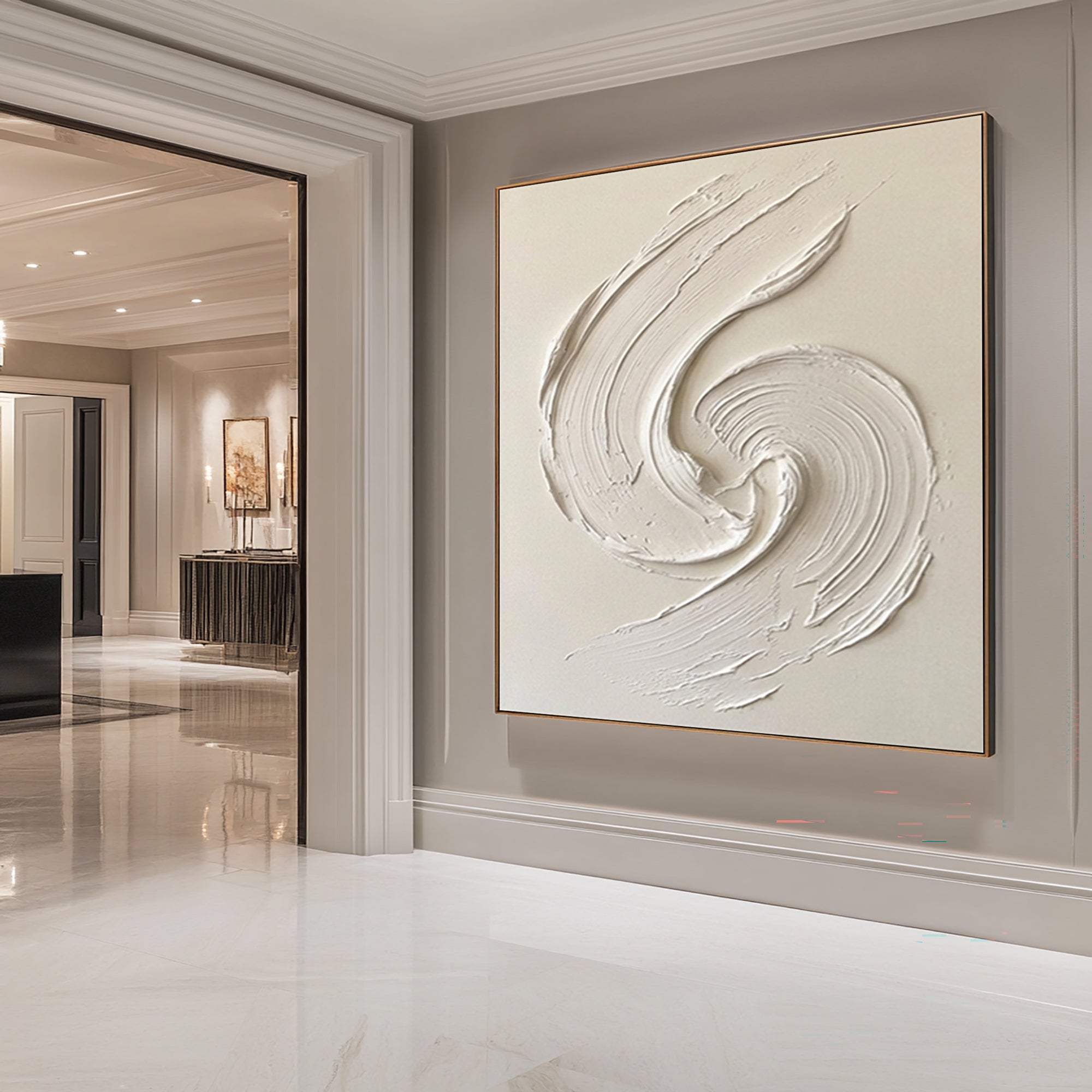 Large White Textured Spiral Wall Art Hand Painted Modern Canvas