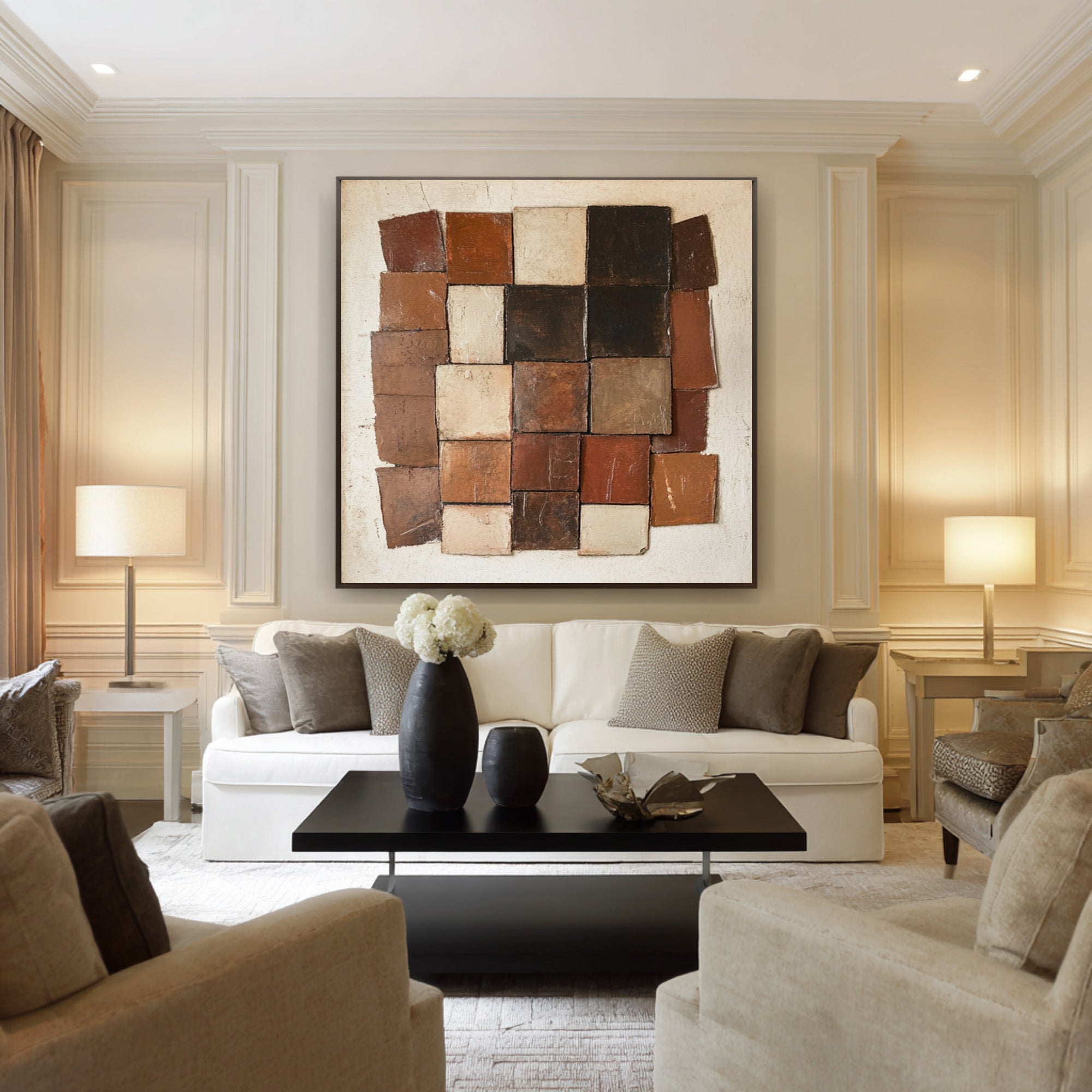 Large Abstract Oil Painting Earth Tone Geometric Art, Textured Modern Wall Art for Living Room | ArtvistaGallery #WGA 007