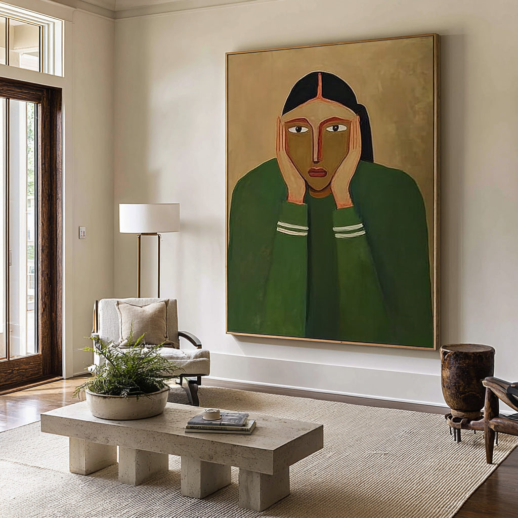 Large Abstract Portrait Oil Painting Green Tones, Emotional Modern Wall Art for Living Room #WAB-030