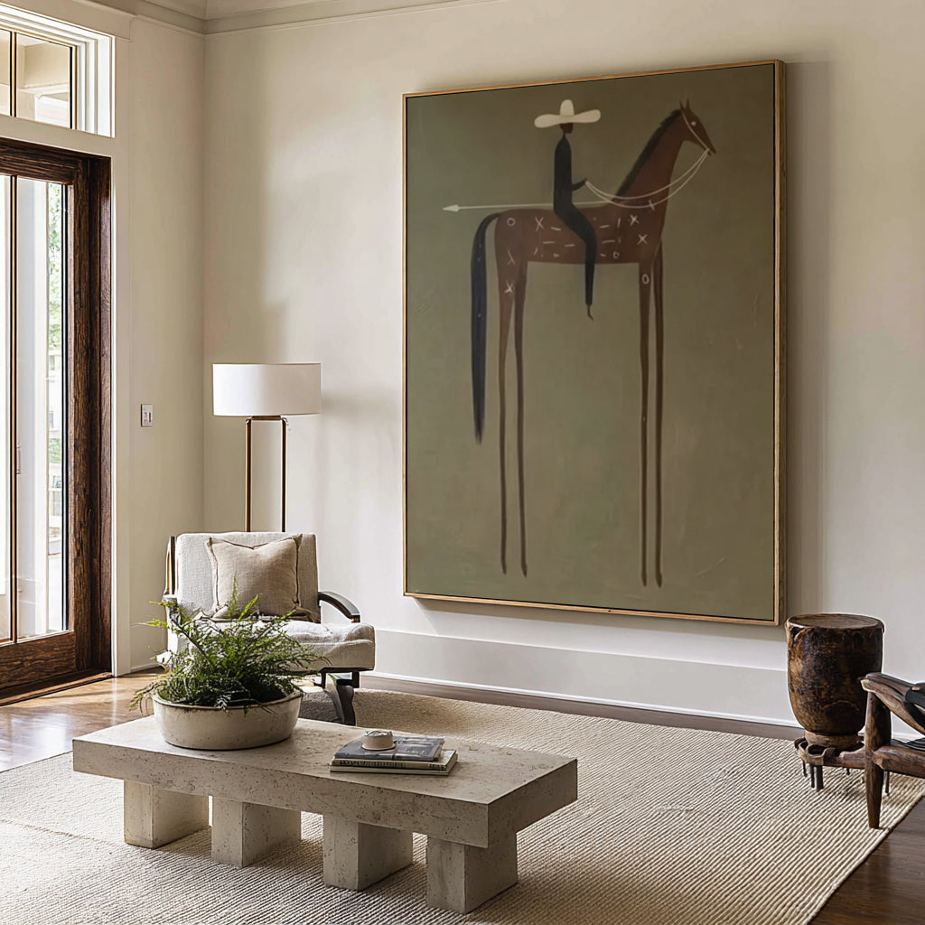 Large Minimalist Horse Rider Painting Contemporary Western Wall Art