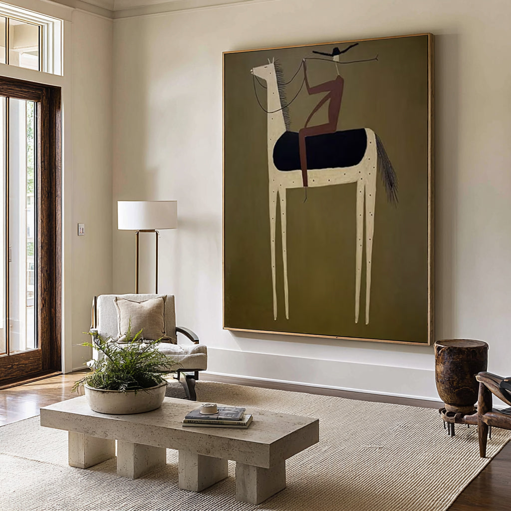 Large Abstract Horse Rider Painting Olive Green Contemporary Wall Art