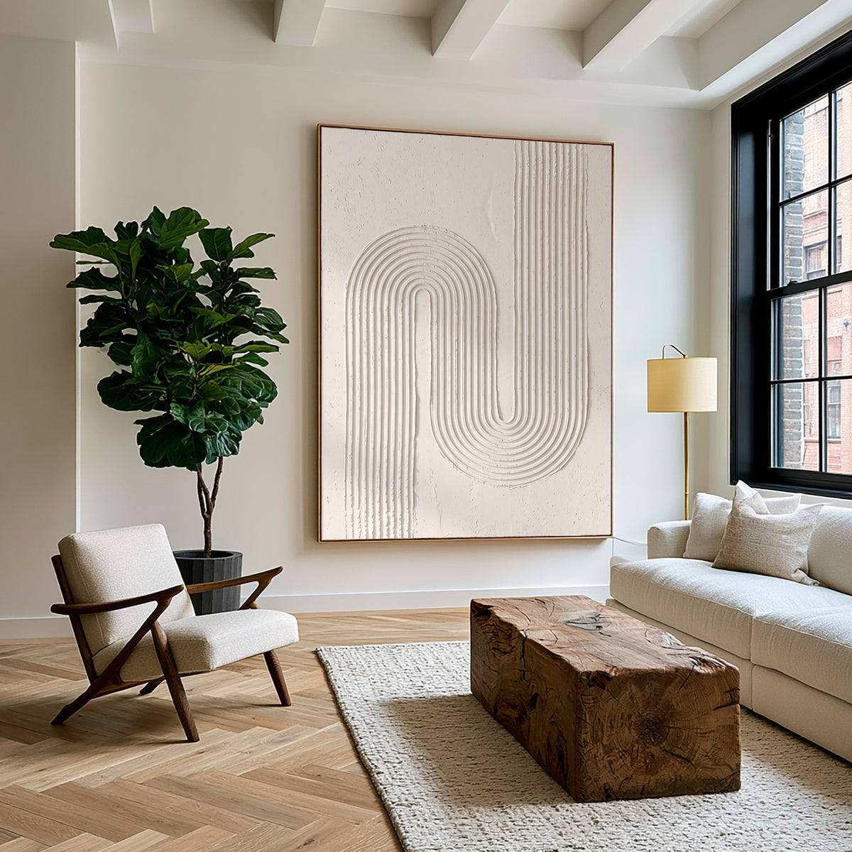 Continuous Lines Sculptural Minimalist Wall Artwork Handmade Textured Abstract Painting Neutral Modern Decor