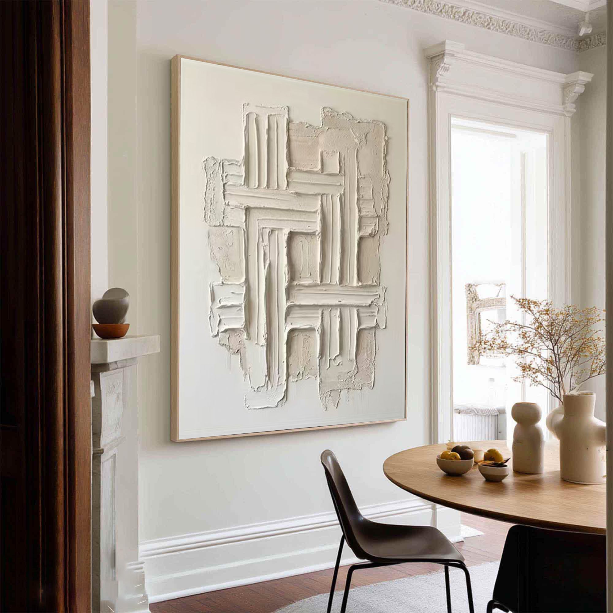 Large Hand Painted Neutral Oil Painting with Textured Geometric Wall Art Design