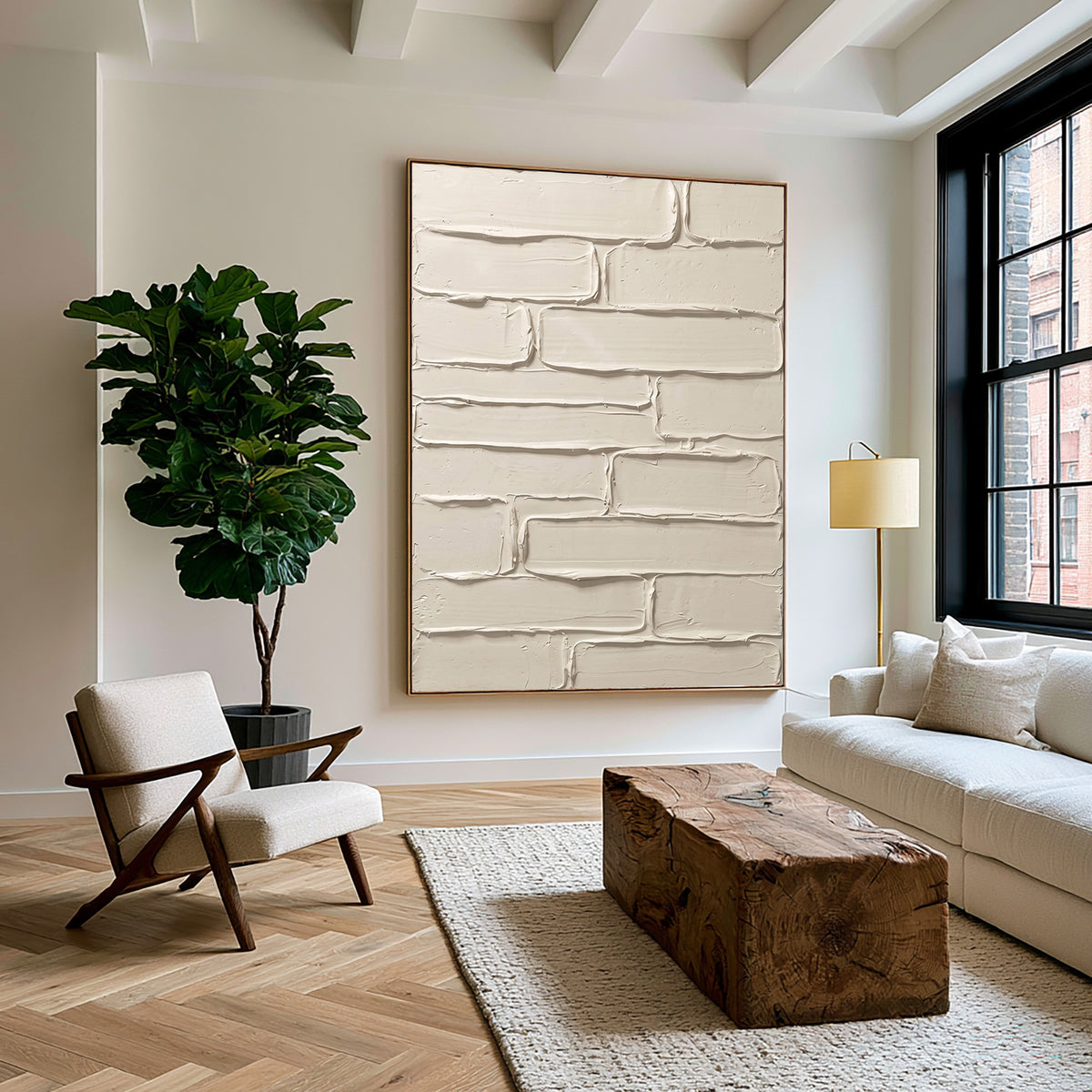 Weathered Lines Warm Neutral Handmade Artwork Textured Abstract Painting Cream White Contemporary Wall Decor