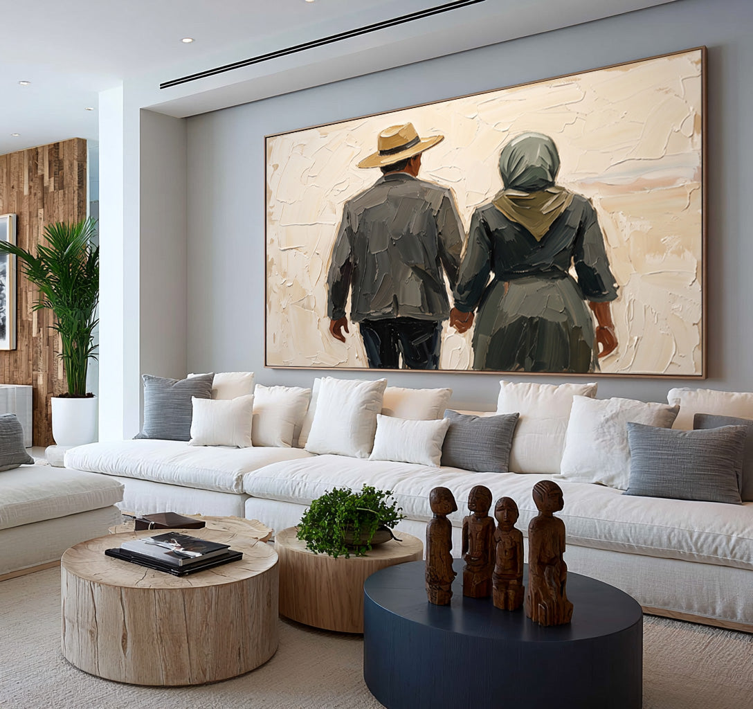 Large Textured Couple Painting Romantic Western Landscape Wall Art