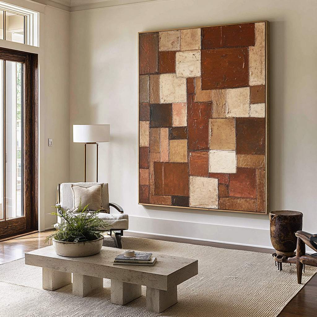 Large Abstract Oil Painting, Earth Tone Geometric Wall Art, Vertical Modern Entryway Decor | ArtvistaGallery #WAB 003
