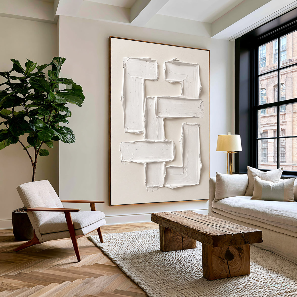 Large Modern Geometric Impasto Relief Wall Art Ivory Cream Abstract Oil Painting Thick Textured Rectangles Sculptural Minimalist Contemporary Living Room Decor