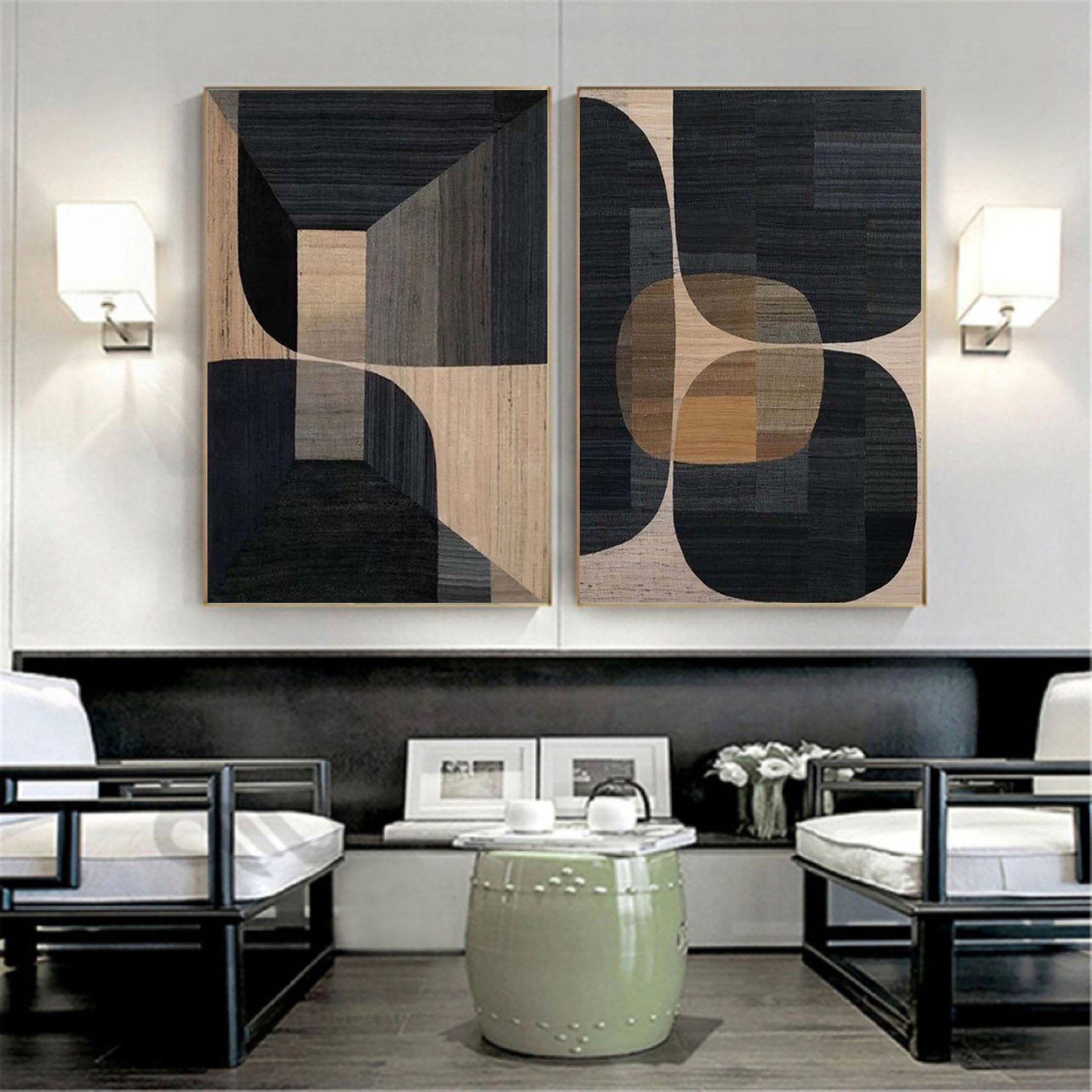 Beige & Brown Abstract Painting SET OF 2 #LL 014