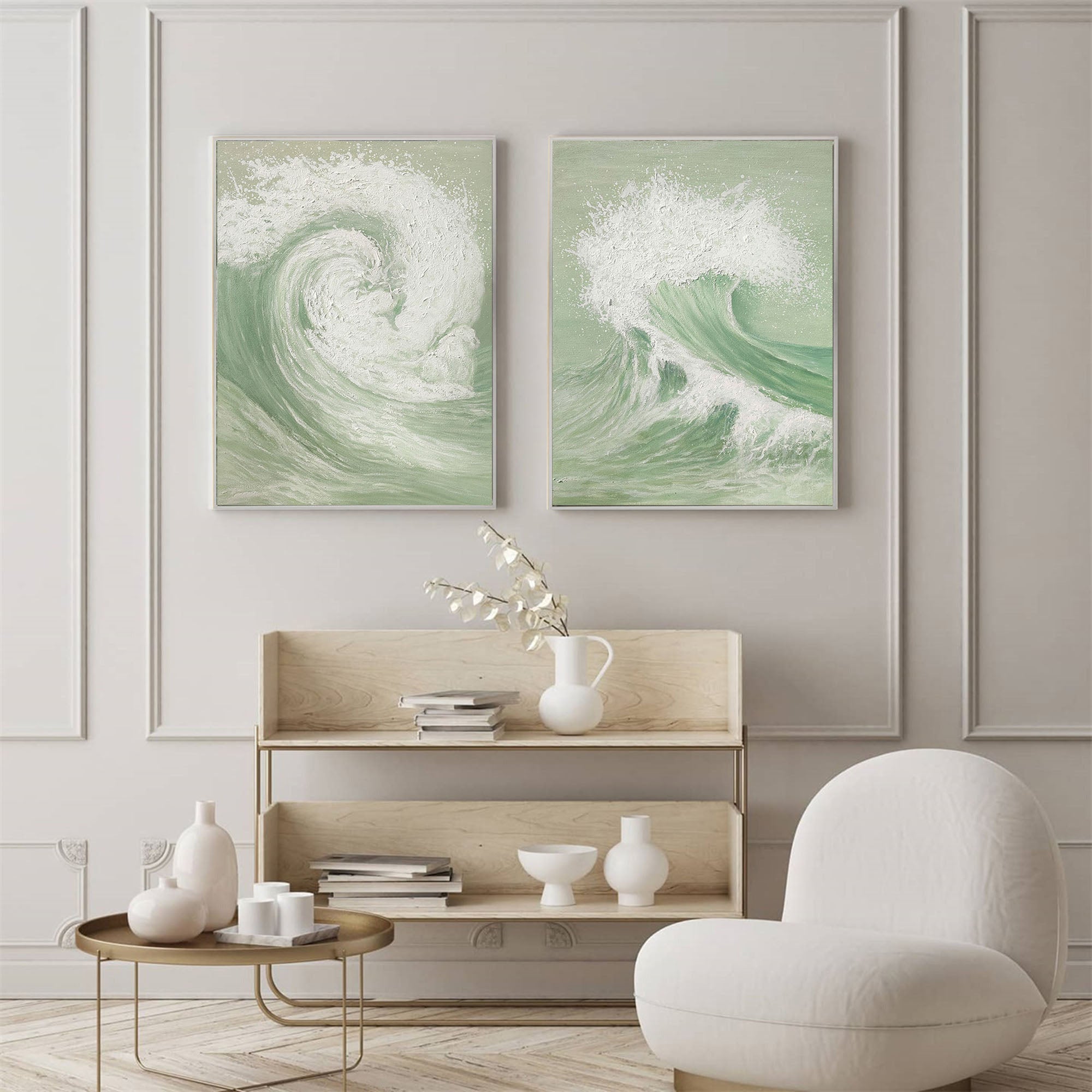 Green & White Abstract  Painting SET OF 2 #AVG 034