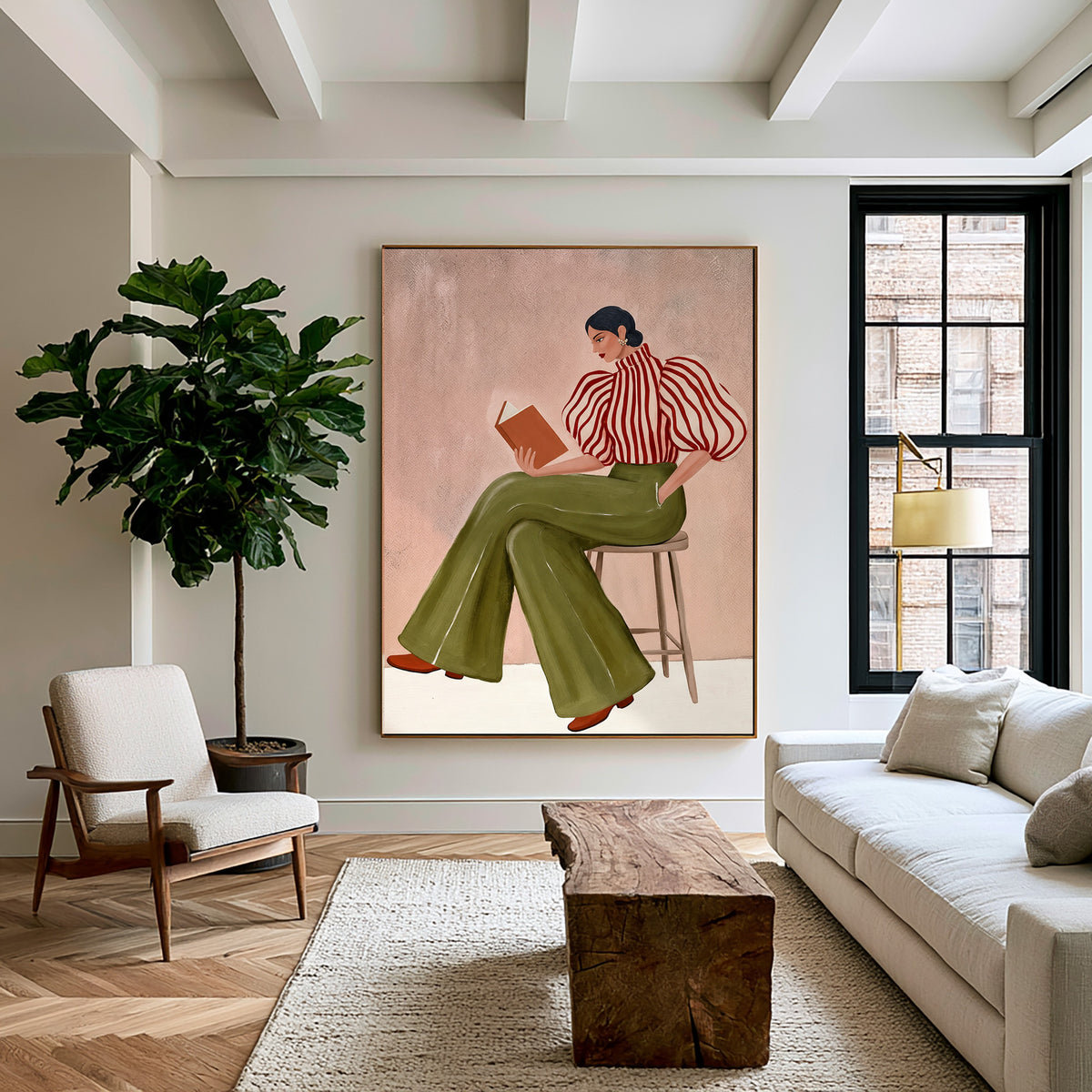 Fashion Woman Reading Book Striped Blouse Olive Green Pants Painting