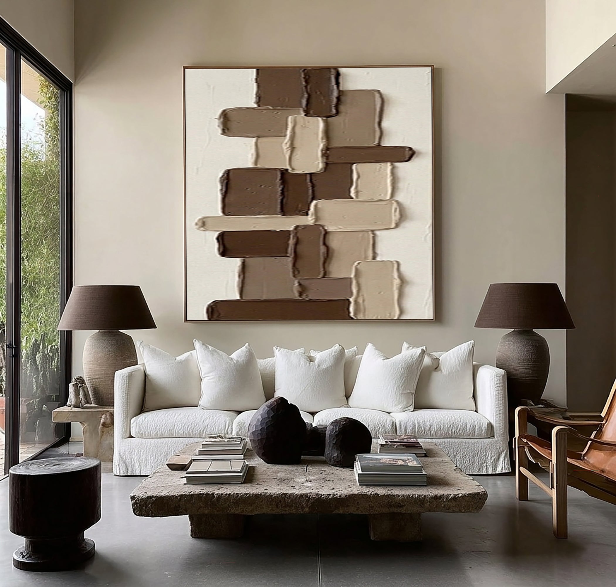 Large Brown Geometric Textured Wall Art Hand Painted Abstract Canvas