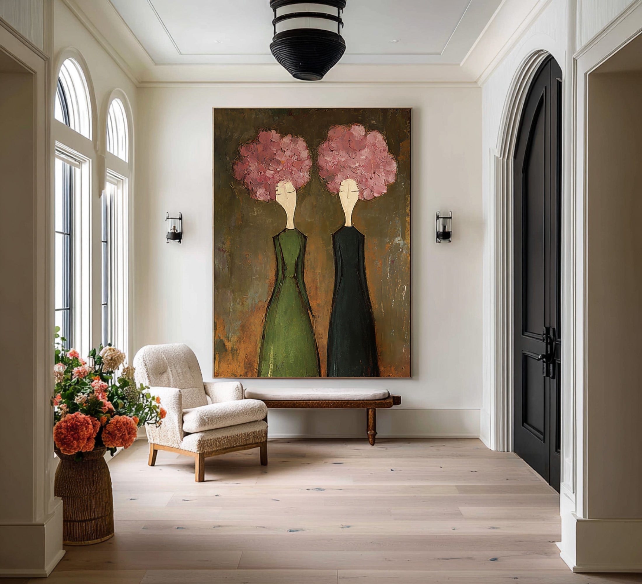 Large Modern Floral Portrait Oil Painting on Canvas – Elegant Green Dress Wall Art #WAB 042