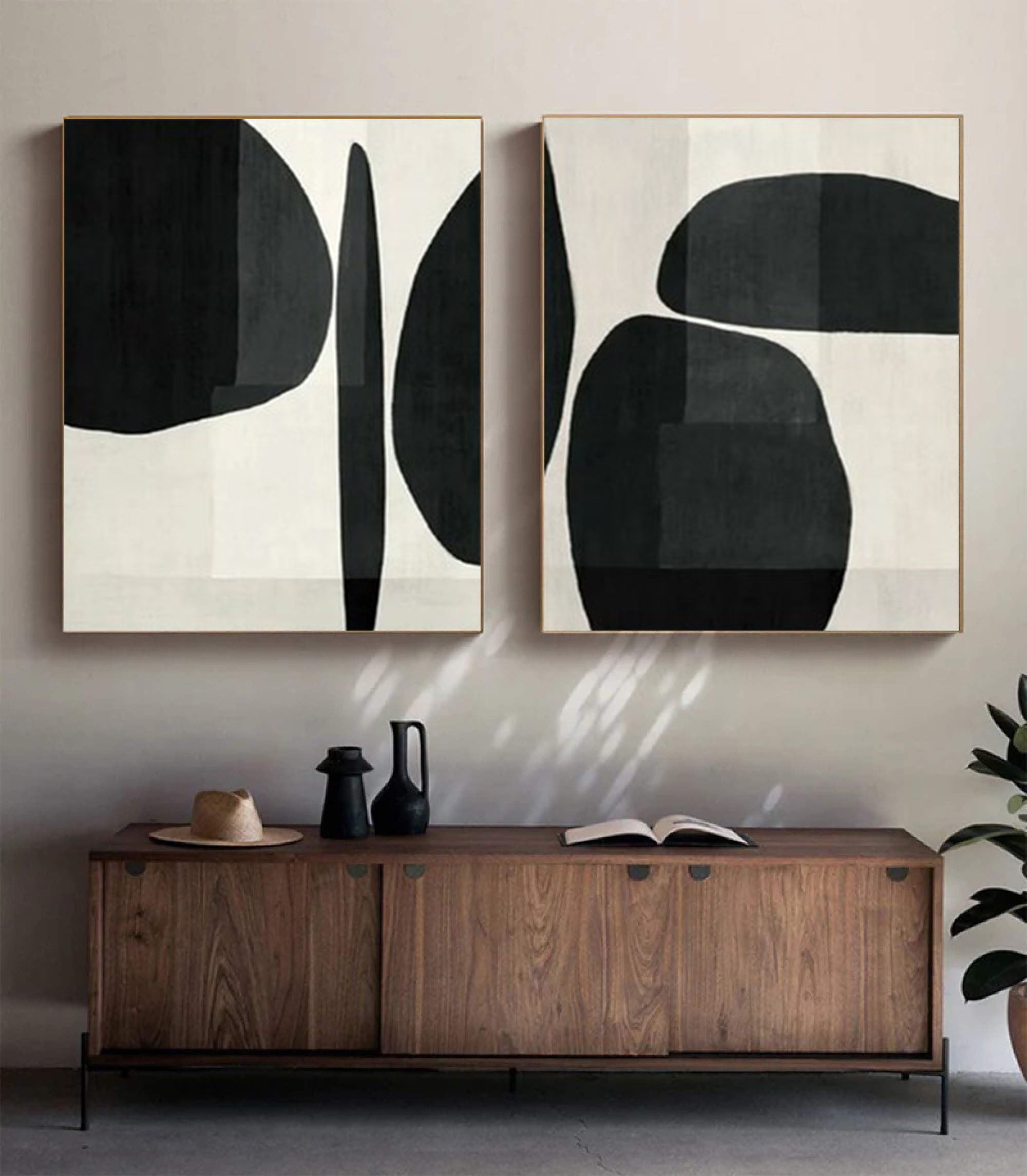 Abstract Geometric Canvas Art Black and White Painting Set of 2 #BWS 001