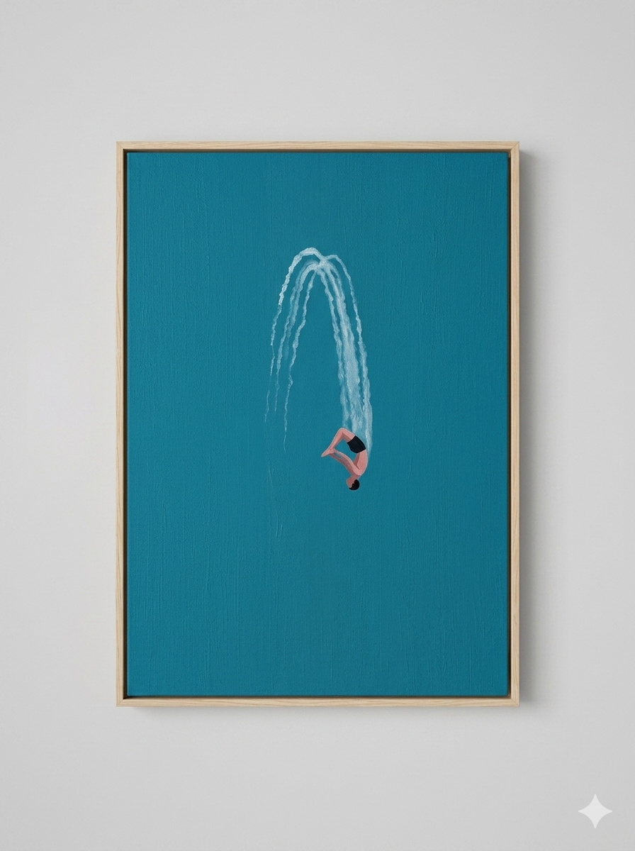 Large Minimalist Diver Wall Art Contemporary Ocean Blue Painting