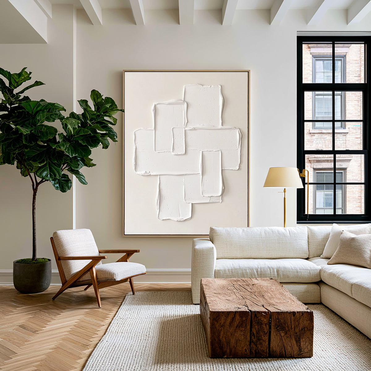 Large Cream Modernist Composition Textured Wall Art Ivory Neutral Abstract Oil Painting Raised Geometric Shapes Sculptural Impasto Minimalist Contemporary Luxury Decor