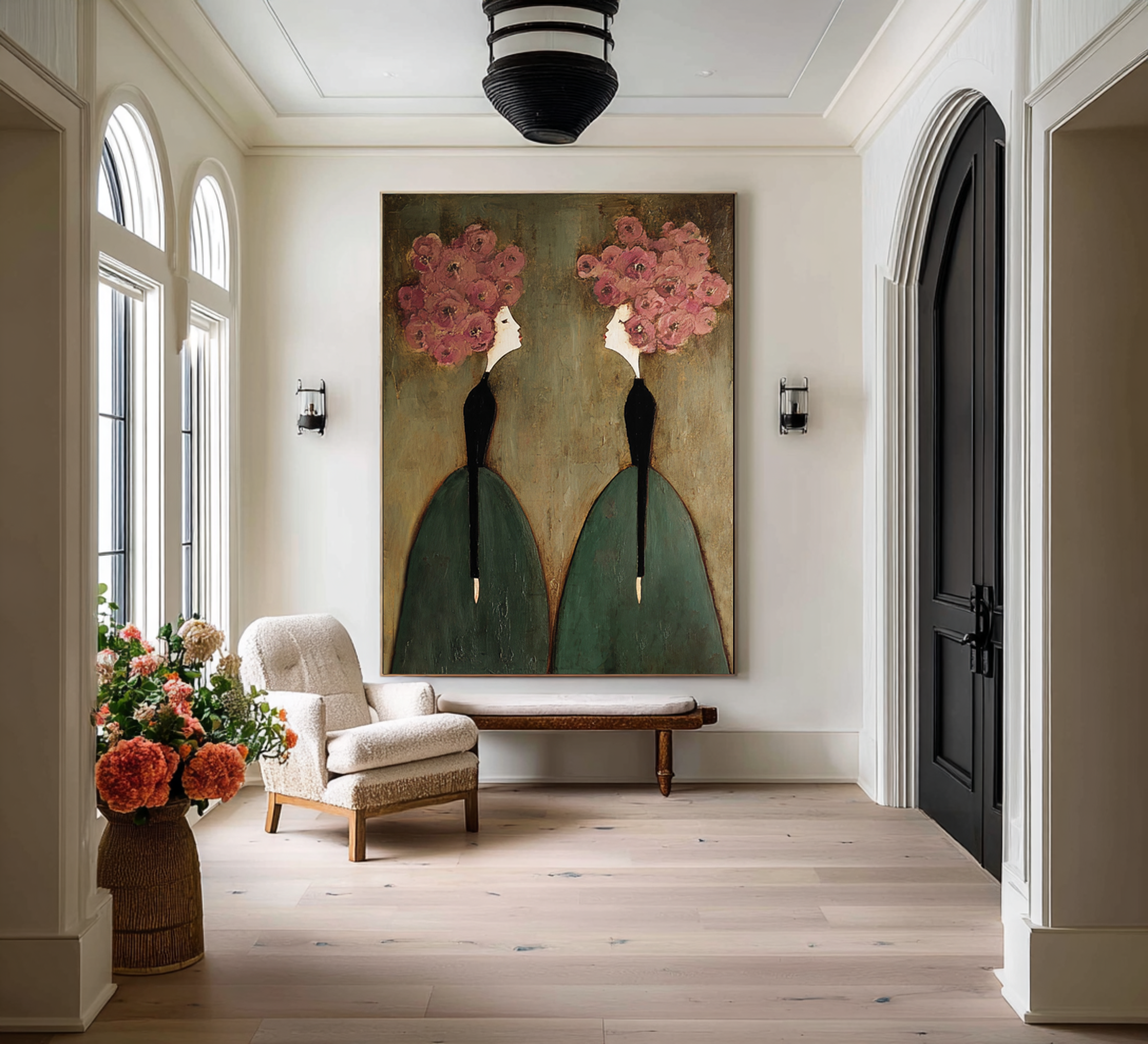 Large Floral Figurative Wall Art Elegant Women Canvas Painting 