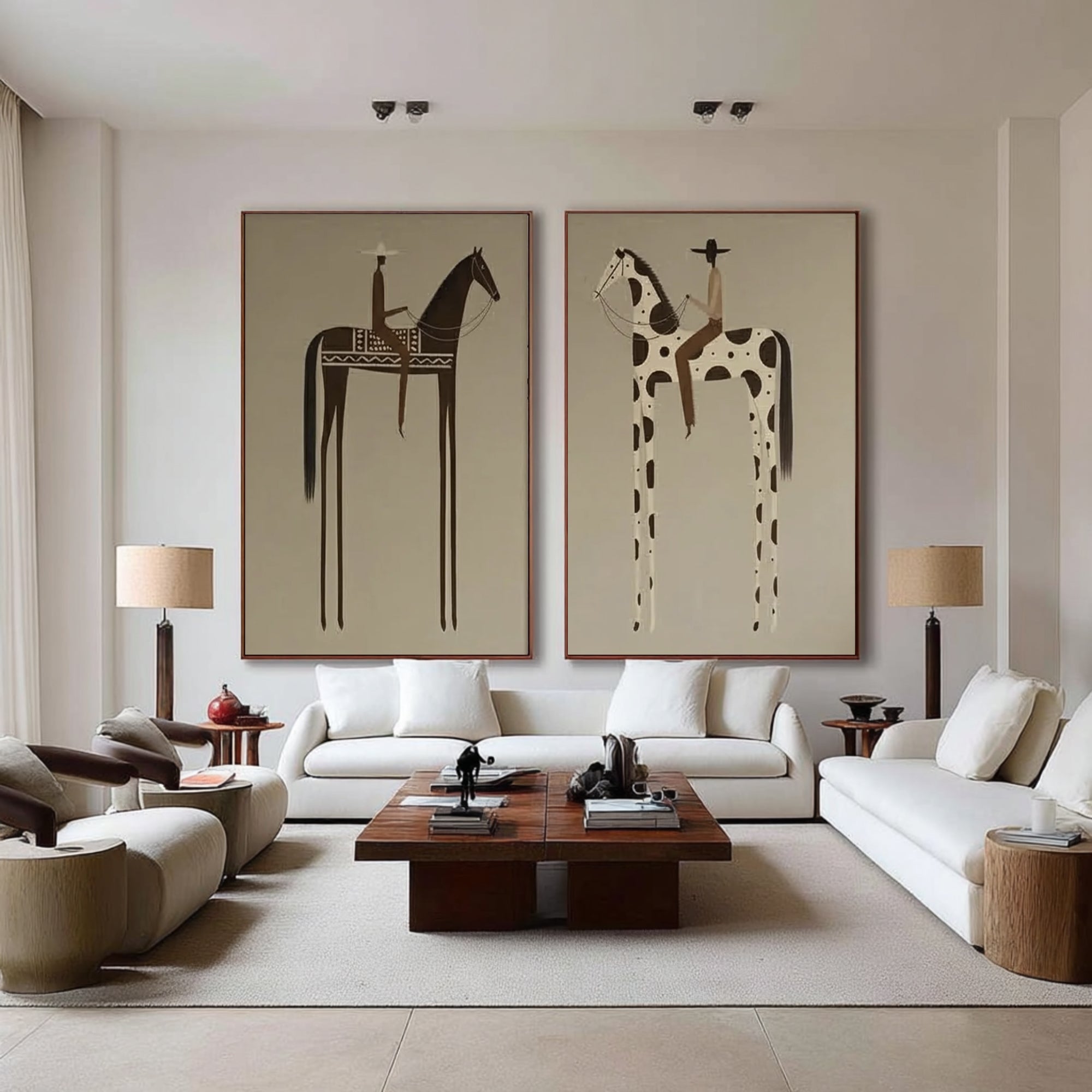 Large Minimalist Horse Rider Diptych Wall Art Contemporary Neutral Canvas Set 