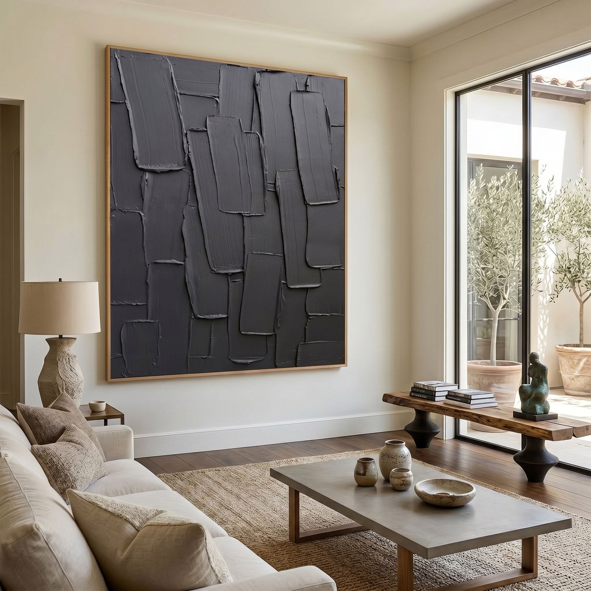 Large Black Textured Wall Art Modern Abstract Oil Painting Impasto Layered Minimalist Contemporary Decor