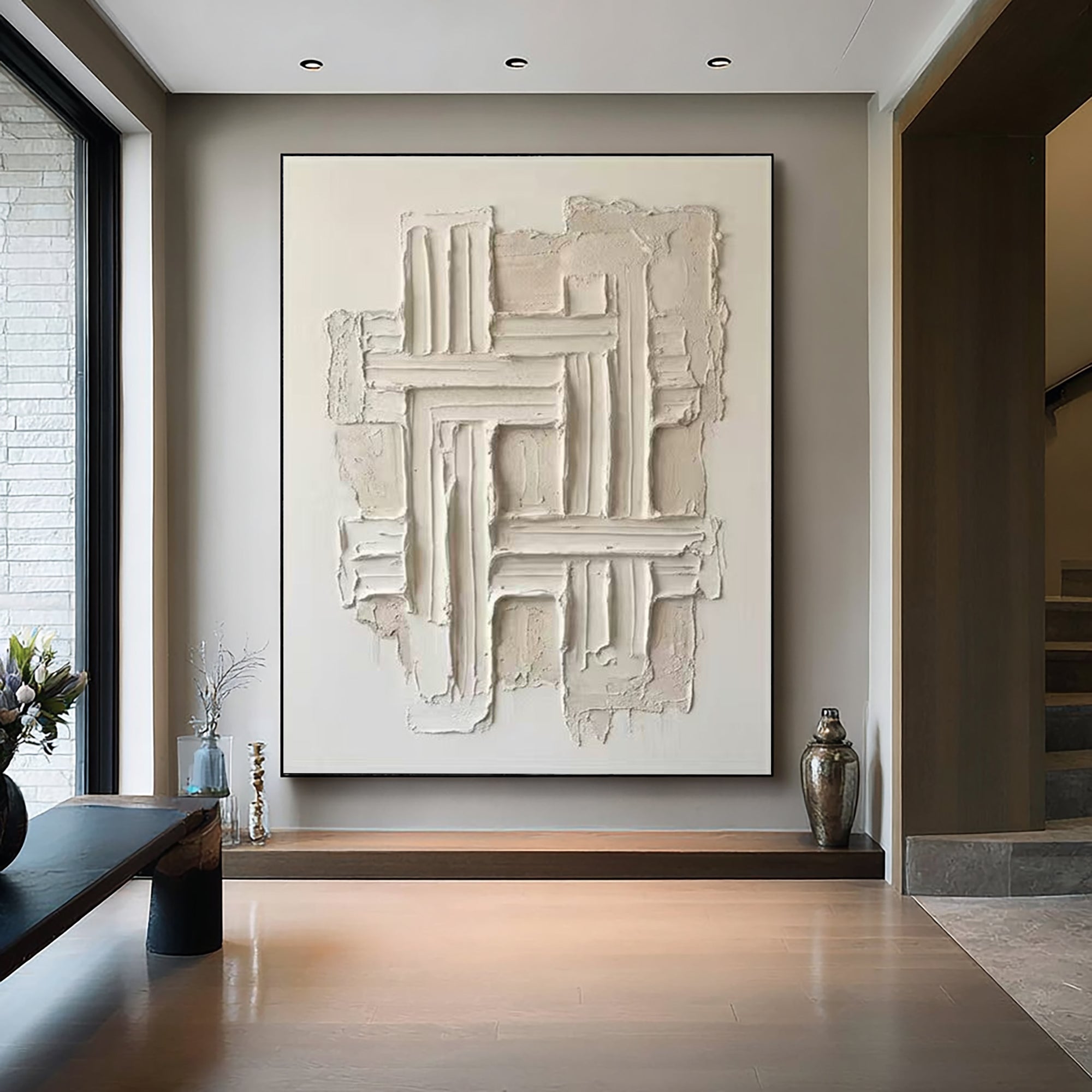 Large Hand Painted Neutral Oil Painting with Textured Geometric Wall Art Design