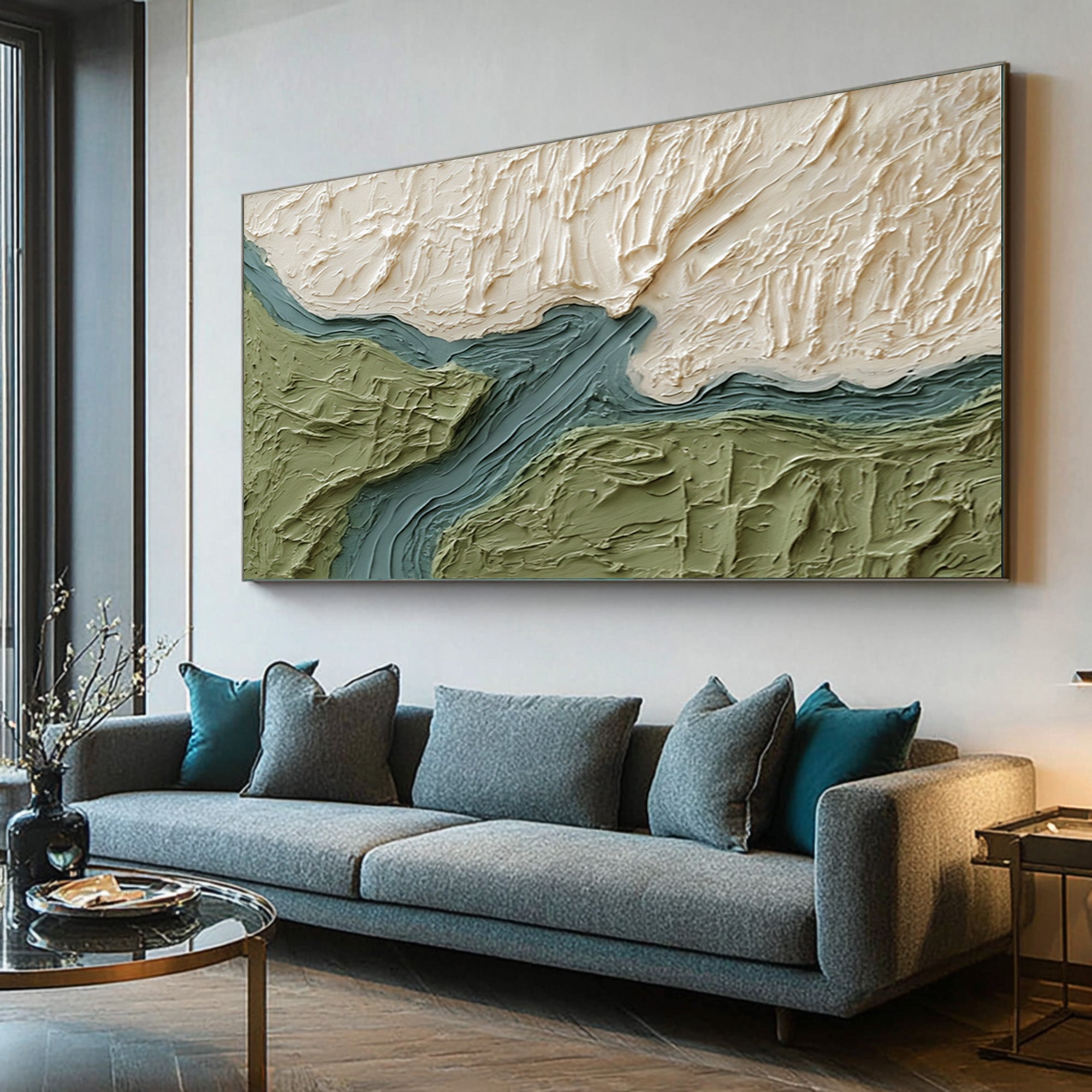 Large Abstract Oil Painting Green Landscape Art, Textured Modern Wall Art for Living Room | ArtvistaGallery #WAB 025