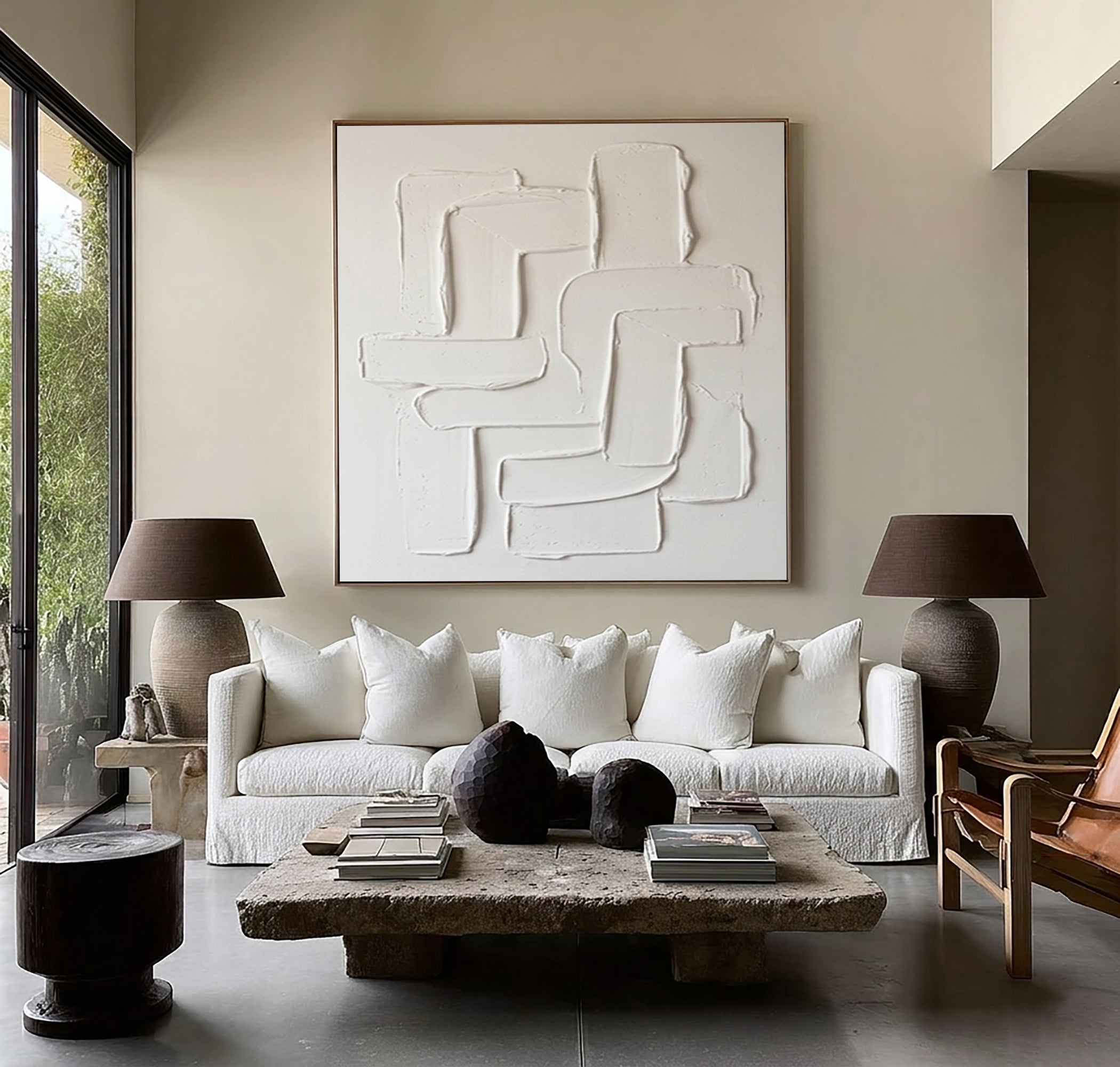 Large White Textured Wall Art Hand Painted Modern Abstract Canvas
