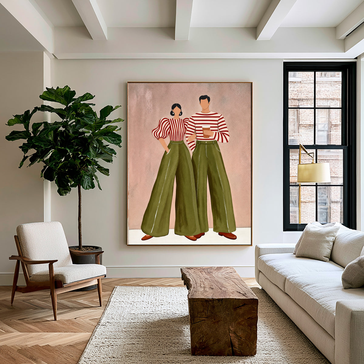 Contemporary Fashion Couple Painting Green Pants Striped Tops Wall Art