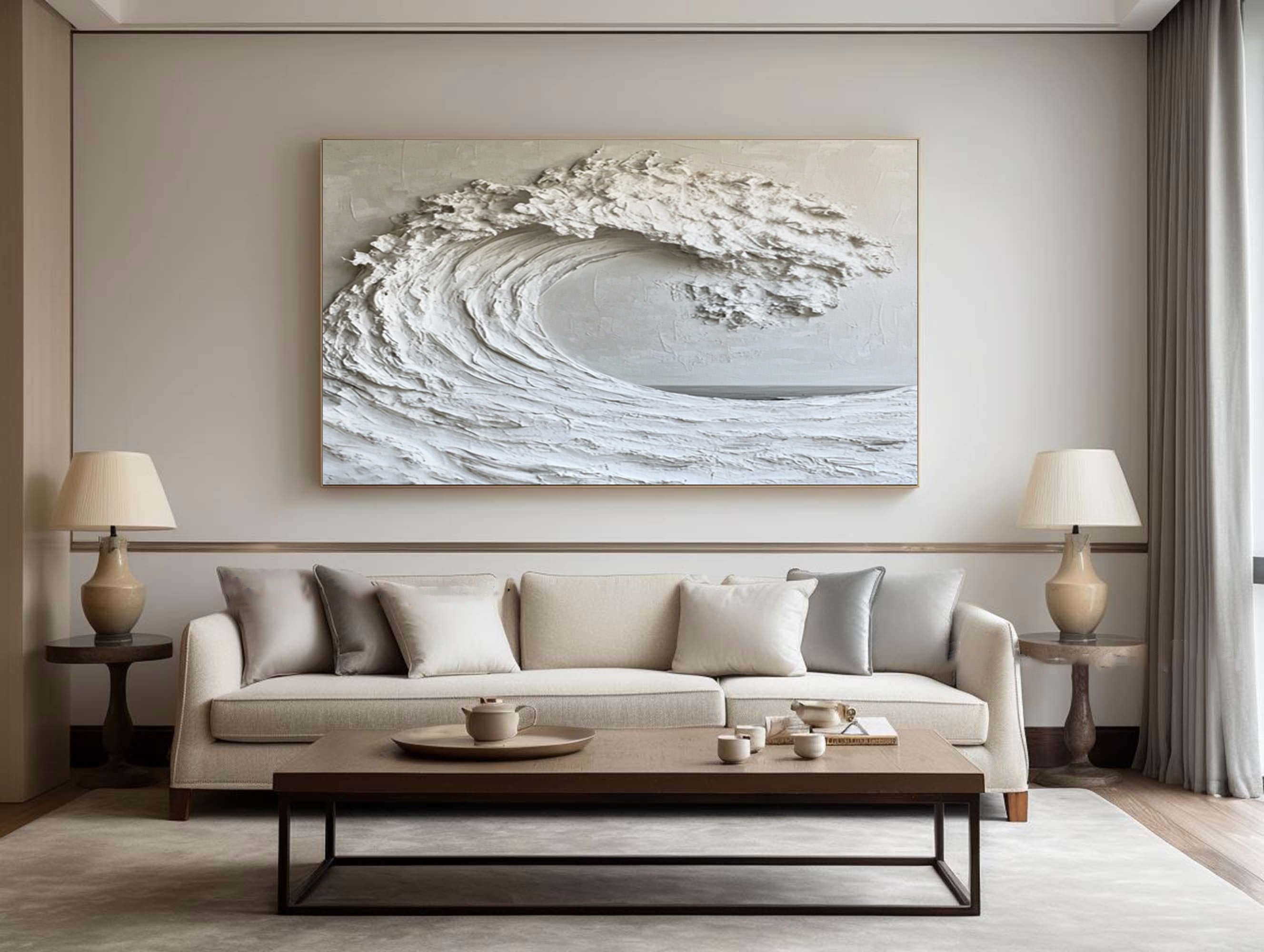 Large White Wave Abstract Art Textured Coastal Decor #WG 048