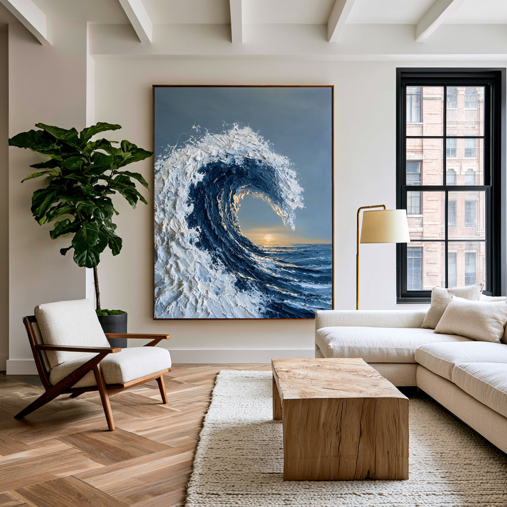 Large Gallery Style Ocean Wave Wall Art Textured Oil Painting Coastal Seascape Cowboy Cowgirl Inspired Vintage Americana Artwork Luxury Decor