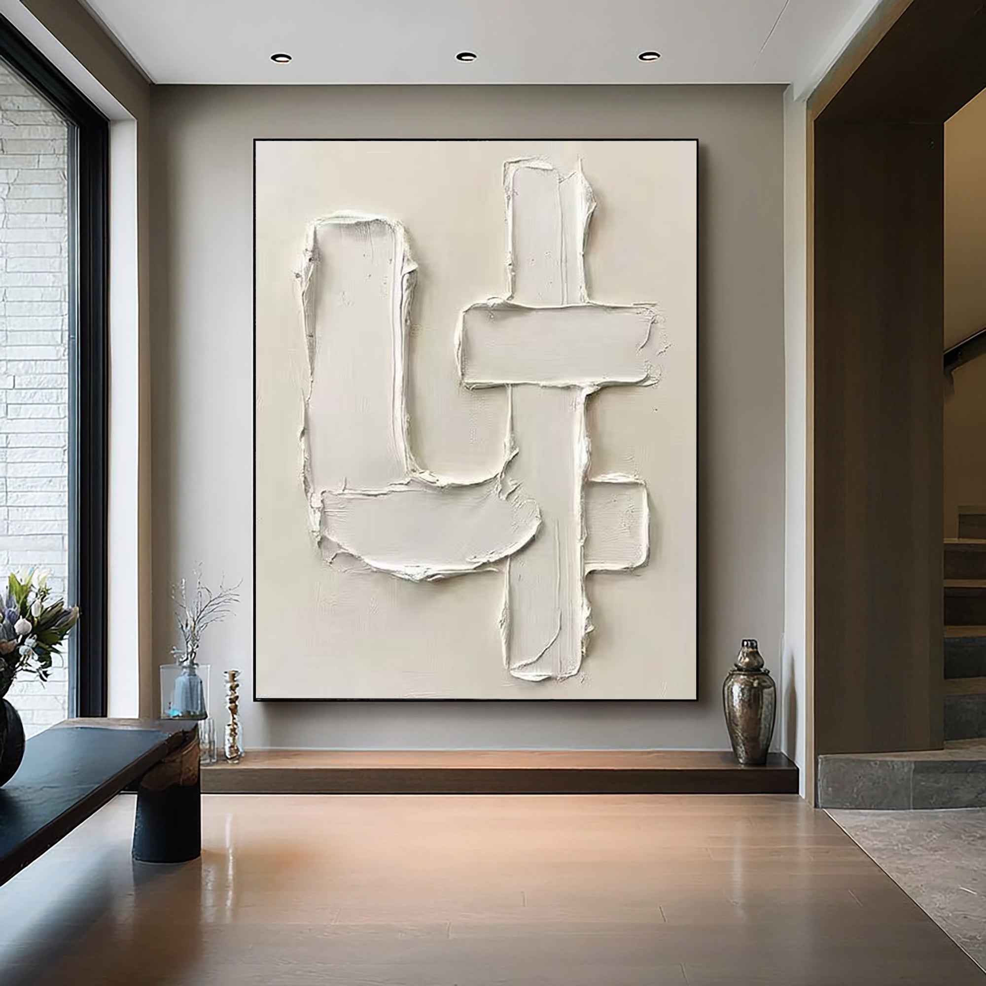 Large Neutral Relief Canvas Art with Modern Geometric Texture Design