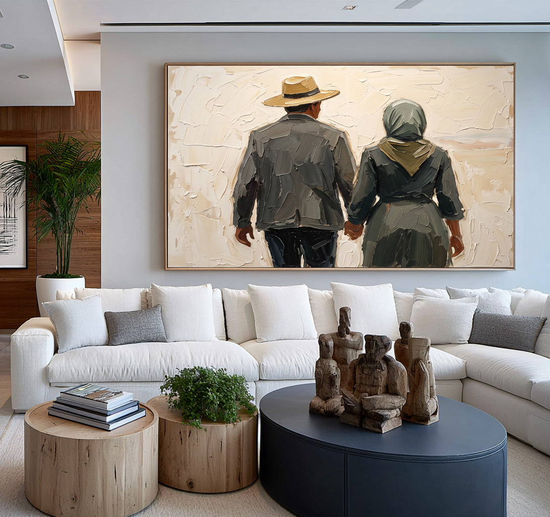 Large Textured Couple Painting Romantic Western Landscape Wall Art